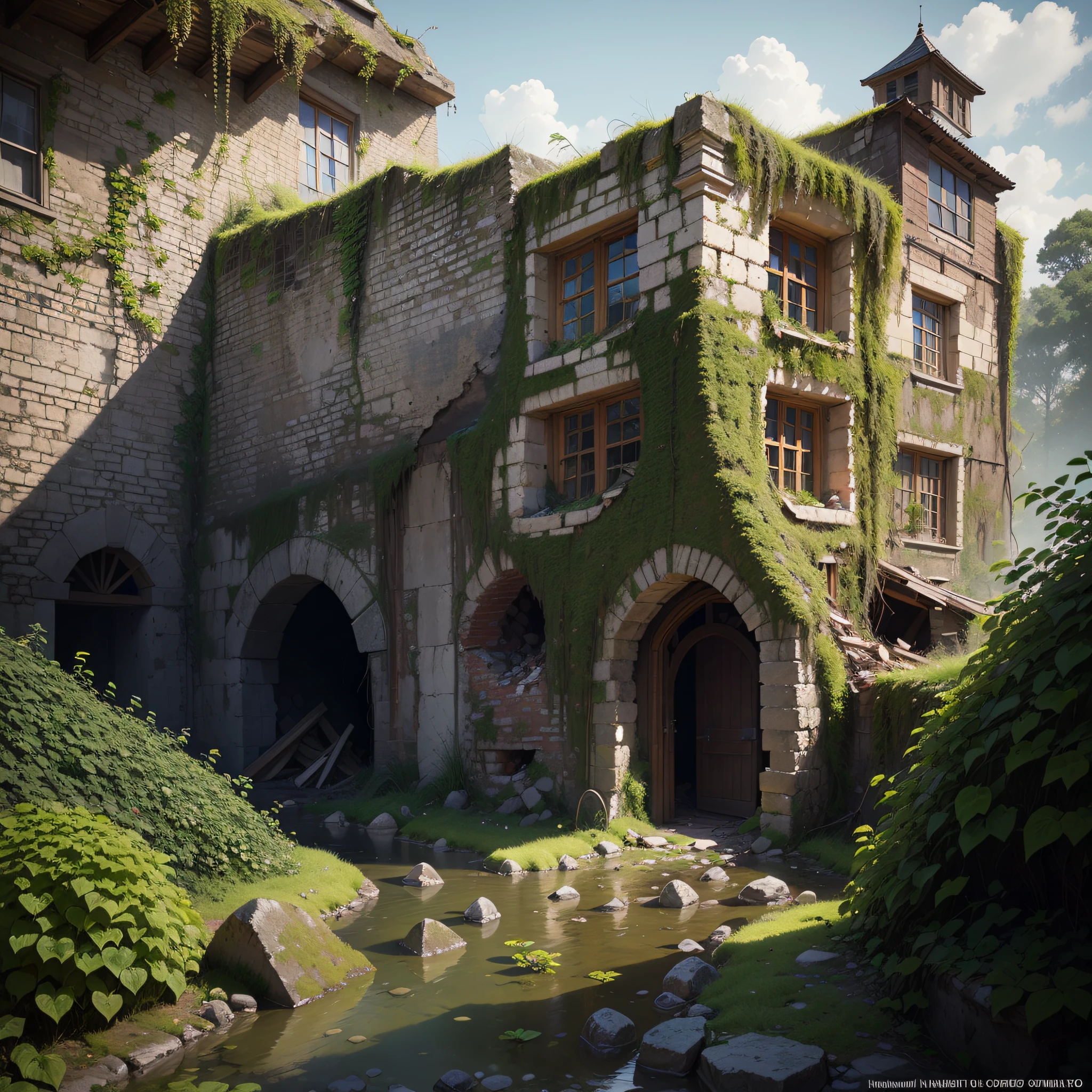 (Numerous award-winning masterpieces, with incredible detail, textures and maximum detail), (hyper realistic:1.4), (realistic:1.3), (best quality real texture skin), (Several medieval huts built illegally on the site of a forgotten medieval castle),(ruins of a medieval fort covered with moss and ivy and a few slightly crumbling huts), (medieval architecture that is returning to nature), (Eroded by clear water), (Tree roots, ivy plants and beautiful plants crawling on stone walls), (Partially collapsed buildings: 0.6)
