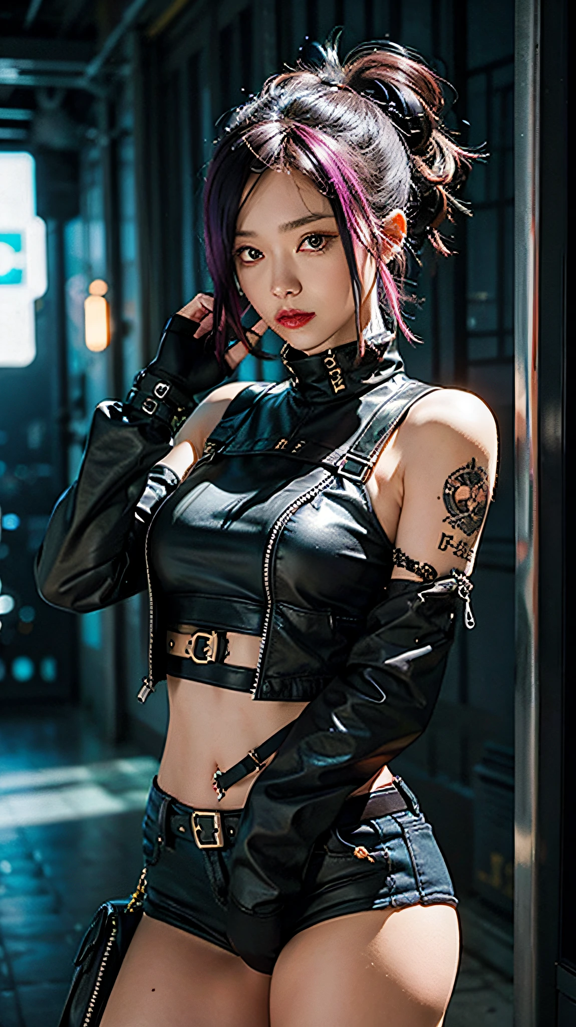 gere uma imagem realista no estilo cyberpunk de uma garota em uma moto