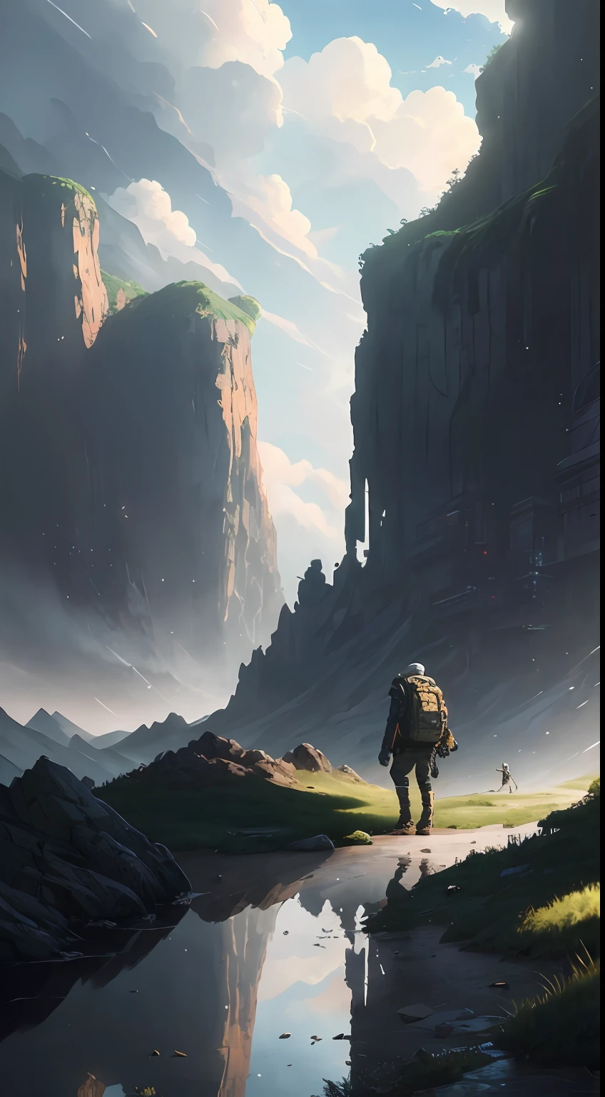 cloudy sky background lush landscape illustration concept art anime key visual trending pixiv fanbox by wlop and greg rutkowski and makoto shinkai and studio ghibli, highres, trending on ArtStation, High Detail, (masterpiece), original, leather jacket, reflections, concept art, solarpunk in deviantart, full body, Sharp focus, camping, mascara, highly detailed photo:1,