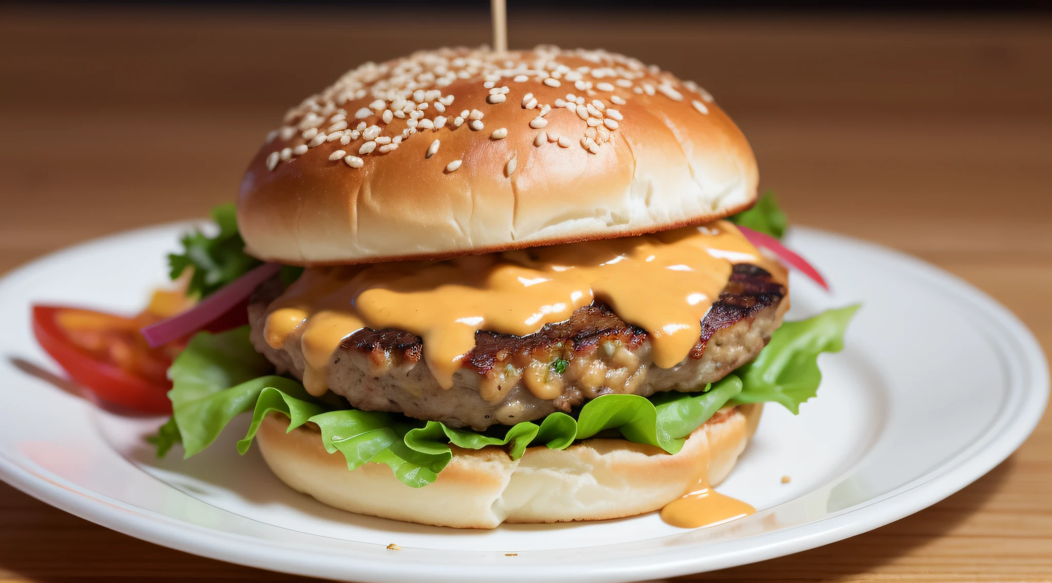 a delicious hamburger with chicken and yellow cheese