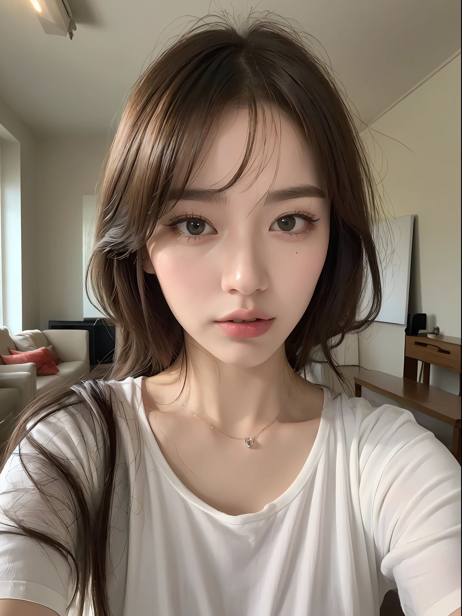 ((, Need, 8K, A Masterpiece:1.3)), 1 female,upper half body,Selfies,focal length:1.2, Perfect body beauty:1.4, Slim abs:1.1, ((Dark brown hair )), (White loose T-shirt,Sit:1.2), ((Living room:1.3)), Highly detailed facial and skin texture, detailed eye, Double eyelid