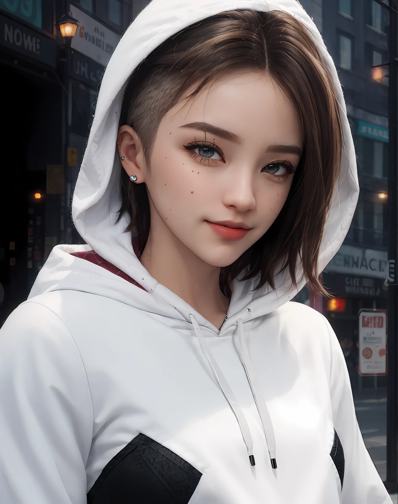 (masterpiece), ((best quality)), parted lips, light_smile, cinematic lighting, ultra-realistic, ((realistic)), (gwen_stacy), blonde_hair, short_hair, solo, sidecut, asymmetrical_hair, parted_lips, eyebrow_piercing, (detailed face), beautiful 1girl, 1girl, looking at viewer, (beautiful detailed eyes), bodysuit, spider-suit, white hoodie, hood_down, portrait, upper_body, (side of head shaved), (small breasts)