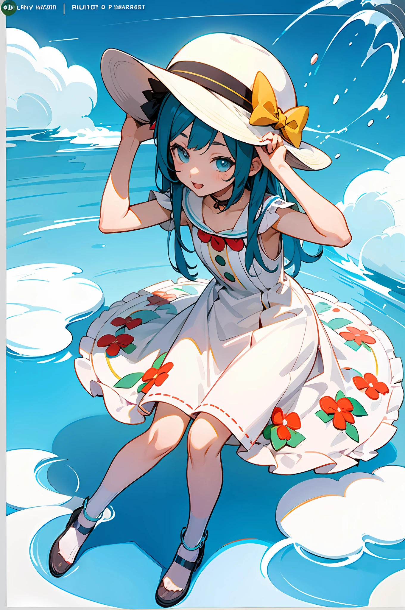 Anime girl sitting on bench,A hat on his head, ??????????? loli, splash art anime loli, white cyan, high detailed official artwork, Highest rated on Pisif, trending on artstation pixiv, Official artwork, loli in dress, loli, mikudayo, Pisif, Pisif daily ranking, pixiv style