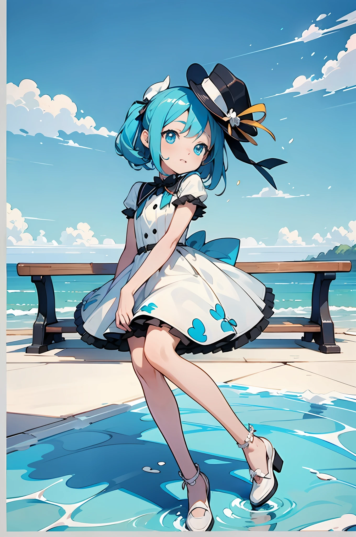 Anime girl sitting on bench，A hat on his head, small curvy loli, splash art anime loli, white cyan, high detailed official artwork, Highest rated on Pisif, trending on artstation pixiv, Official artwork, loli in dress, loli, mikudayo, Pisif, Pisif daily ranking, pixiv style