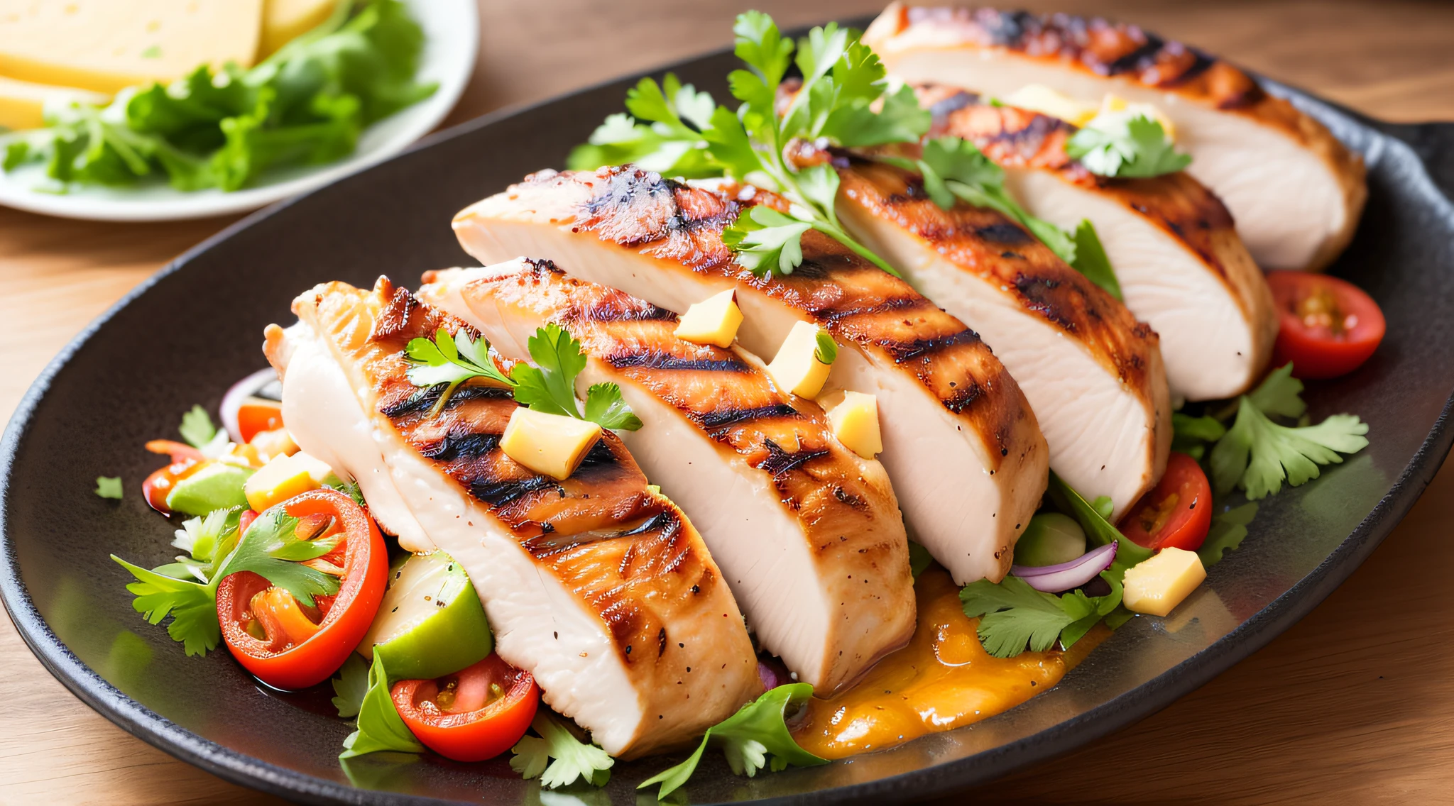 a delicious grilled chicken with vegetables and yellow cheese