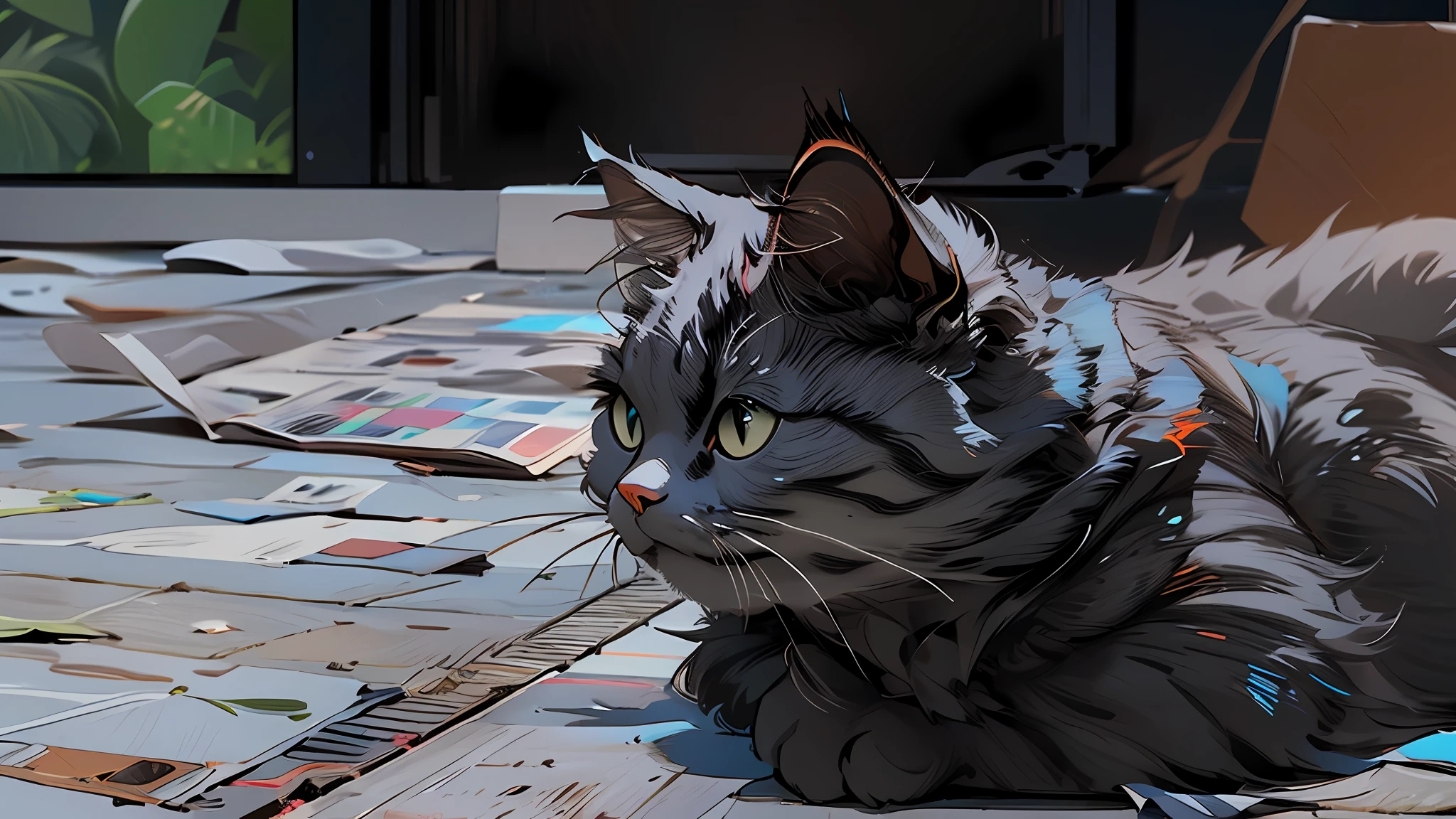 (masterpiece),(best quality),(ultra-detailed), digital painting, illustration, ((portrait)), pastel colors, bloom, (no humans), (simplebackground:1.4), (Clean background:1.4), (Blur the background:1.3),A Masterpiece,Top quality,best qualit,Extreme detail,a cat,British Shorthair,blue gray,Lying on the steppe,Keep your eyes on the front