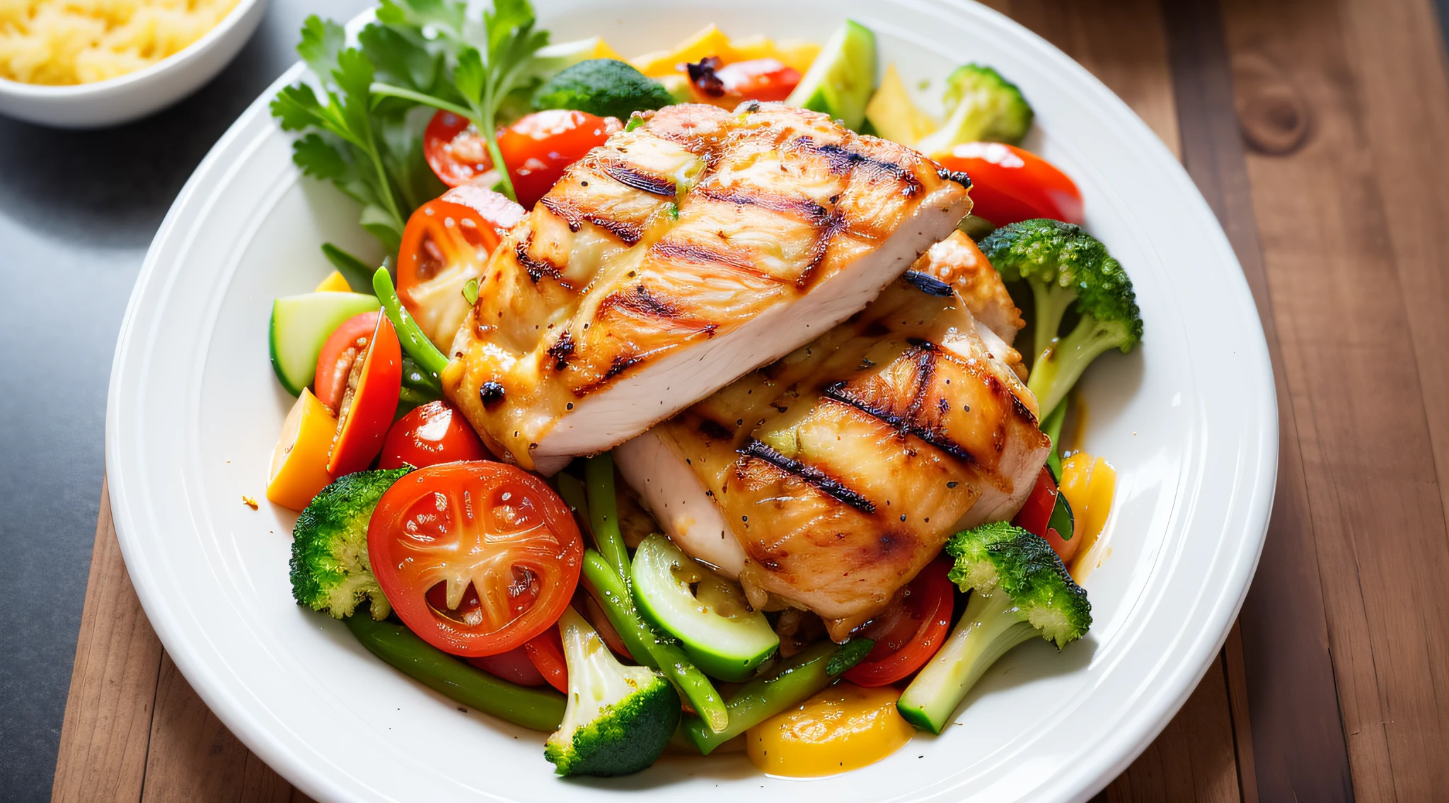 a delicious grilled chicken with vegetables and yellow cheese