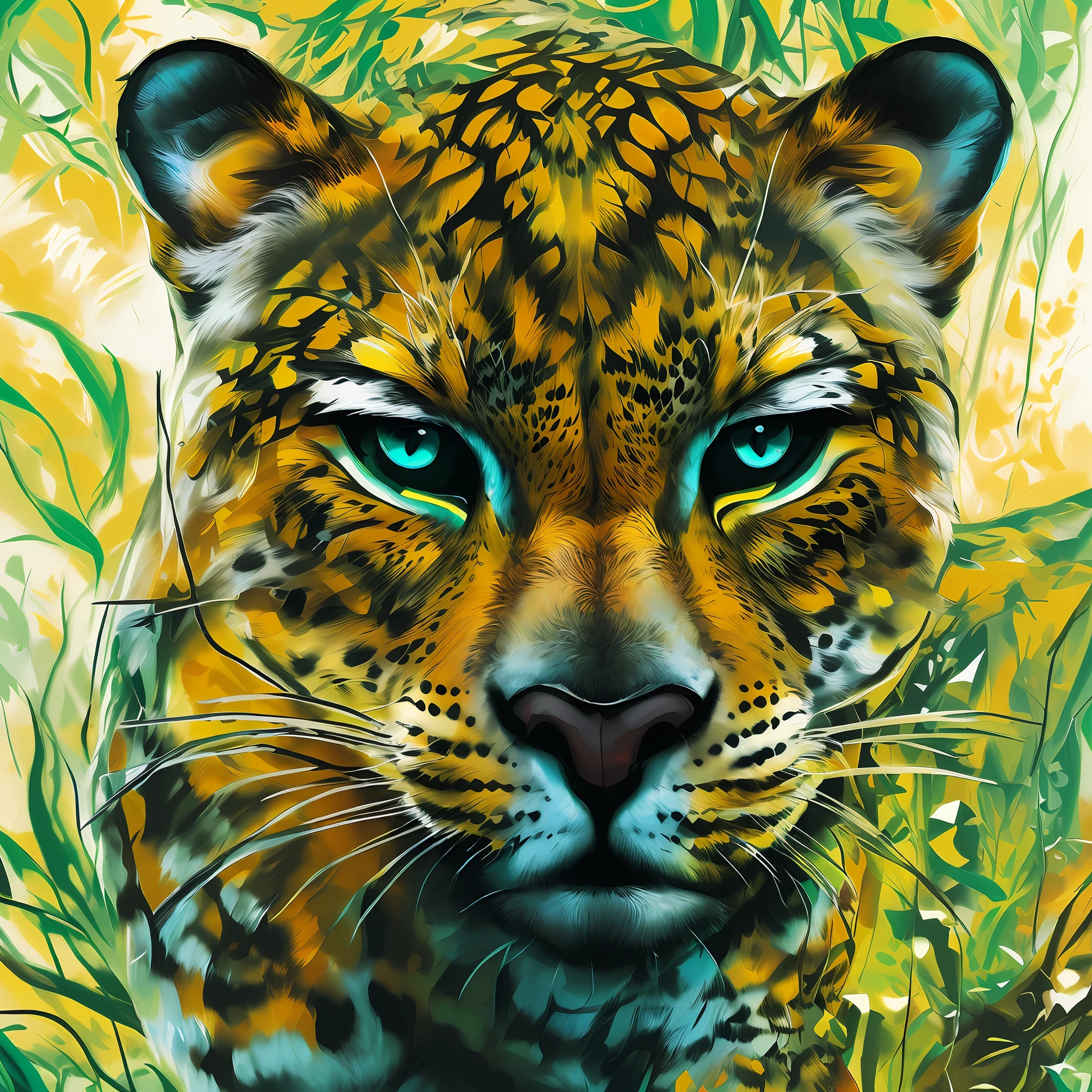 um close up de um leopardo com olhos azuis em uma selva, arte digital animal foto, arte digital altamente detalhada, arte digital de detalhes surpreendentes, high resolution digital art, arte digital impressionante, bela arte digital, lindo arte digital, Arte digital altamente detalhada em 4k, arte digital altamente detalhada, artistic digital art, Arte digital detalhada em 4k, arte digital altamente detalhada