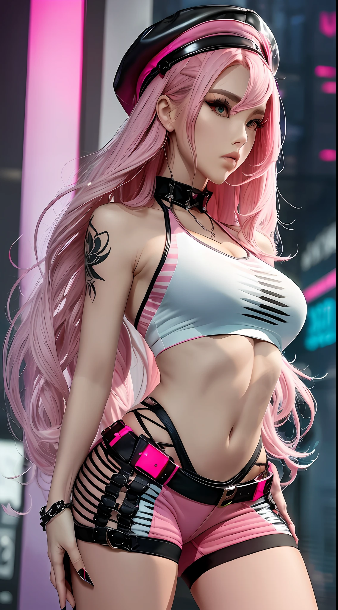 Beautiful woman long pink hair, wearing blue Peaked cap, cyberpunk style short clothes, white torn tank top, pink high heels, fitness body, rebel. bad girl, punk, tough, bad ass, final fight