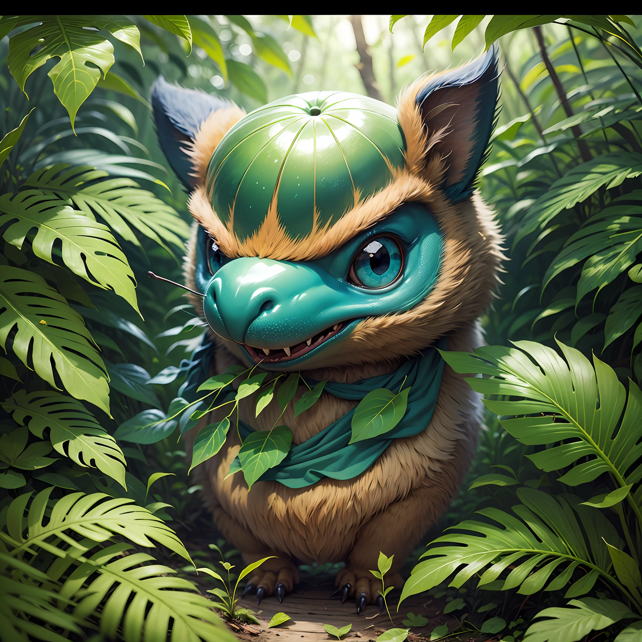 best qualit,A Masterpiece,Need,A sealed bee monster,Wrap the leaves,In the jungle,Panoramic View,The subject is in the middle of the frame,Large movements,Friendly expression,Non-human(Wood attribute 1.2),Flattening(1.4),Blue-green color scheme,Dark simple background --auto --s2