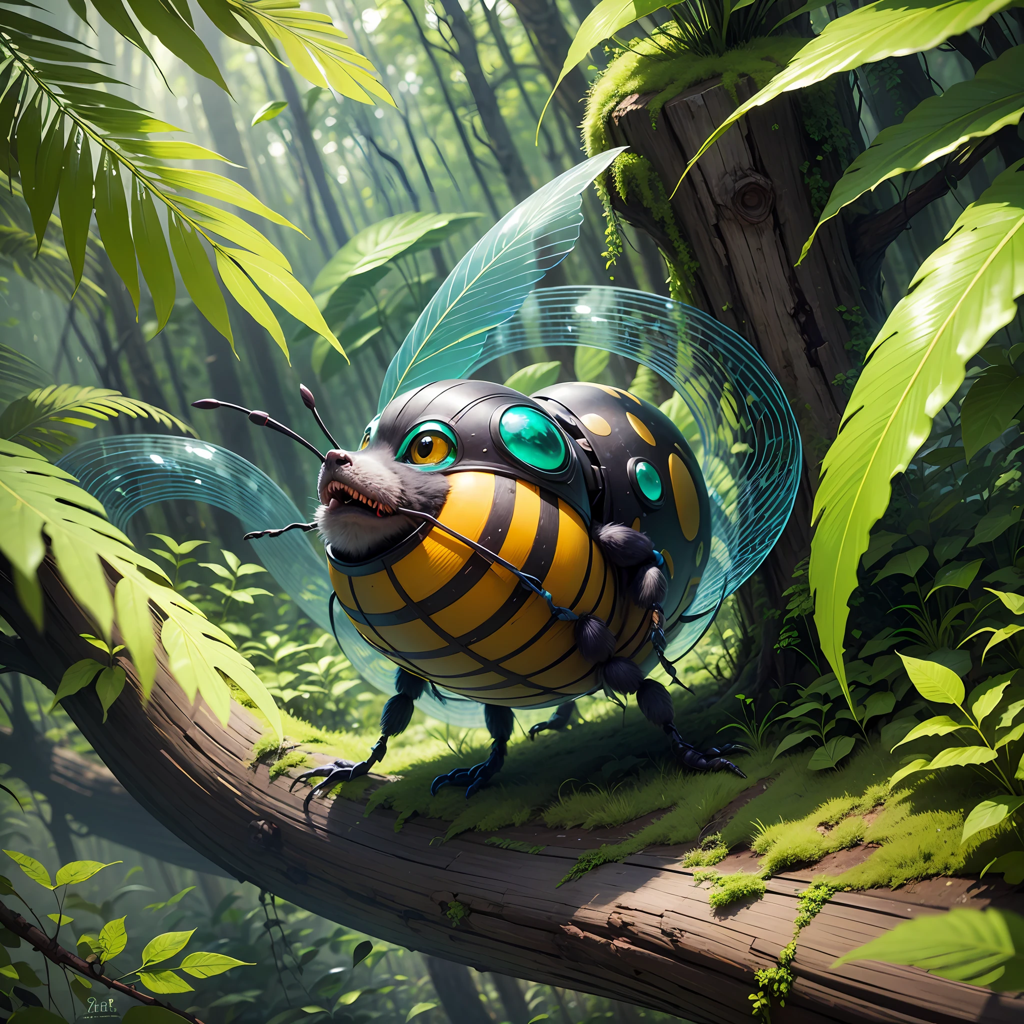 best qualit，A Masterpiece，Need，A sealed bee monster，Wrap the leaves，In the jungle，Panoramic View，The subject is in the middle of the frame，Large movements，Friendly expression，Non-human（Wood attribute 1.2），Flattening（1.4），Blue-green color scheme，Dark simple background --auto --s2