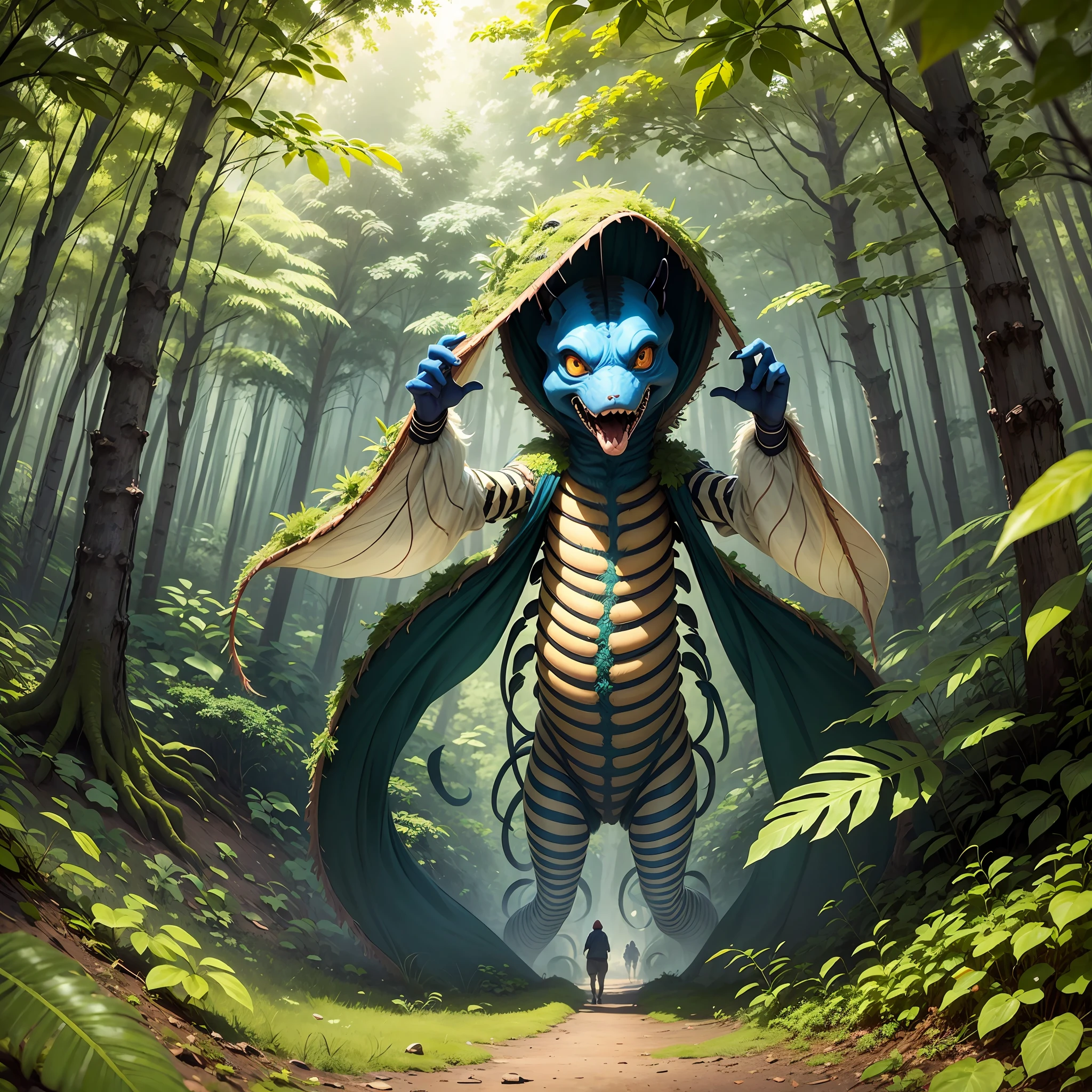 best qualit,A Masterpiece,Need,A sealed bee monster,Wrap the leaves,In the jungle,Panoramic View,The subject is in the middle of the frame,Large movements,Friendly expression,Non-human(Wood attribute 1.2),Flattening(1.4),Blue-green color scheme,Dark simple background --auto --s2