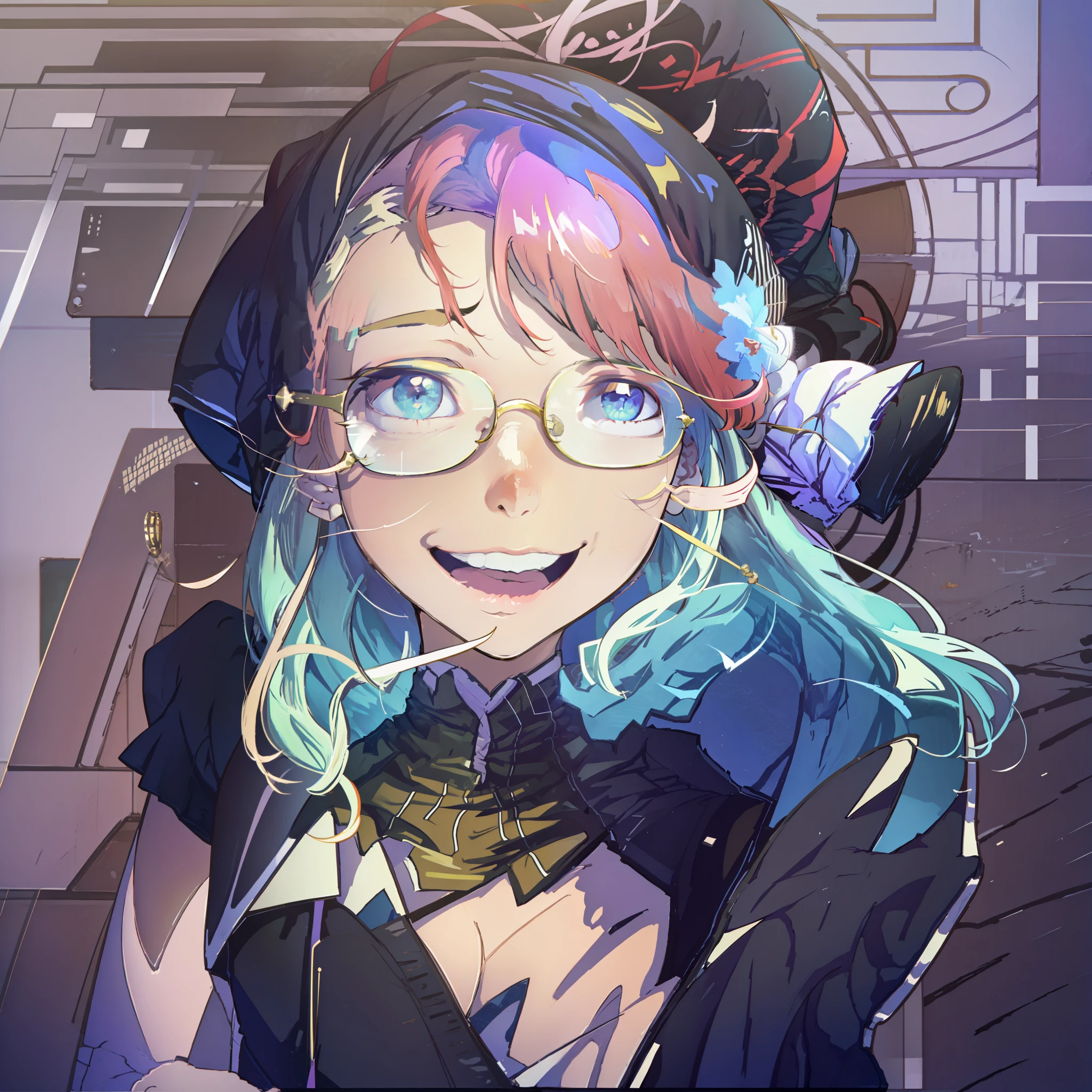 2d, masterpiece, best quality, anime, highly detailed face, highly detailed eyes, highly detailed background, perfect lighting, 1girl, solo, standing, ,koe no katachi, round glasses,Shouko Nishimiya, full body,dress, huge breasts, lowing eyes, Hoshino Ai Eyes, dress. smile, happy