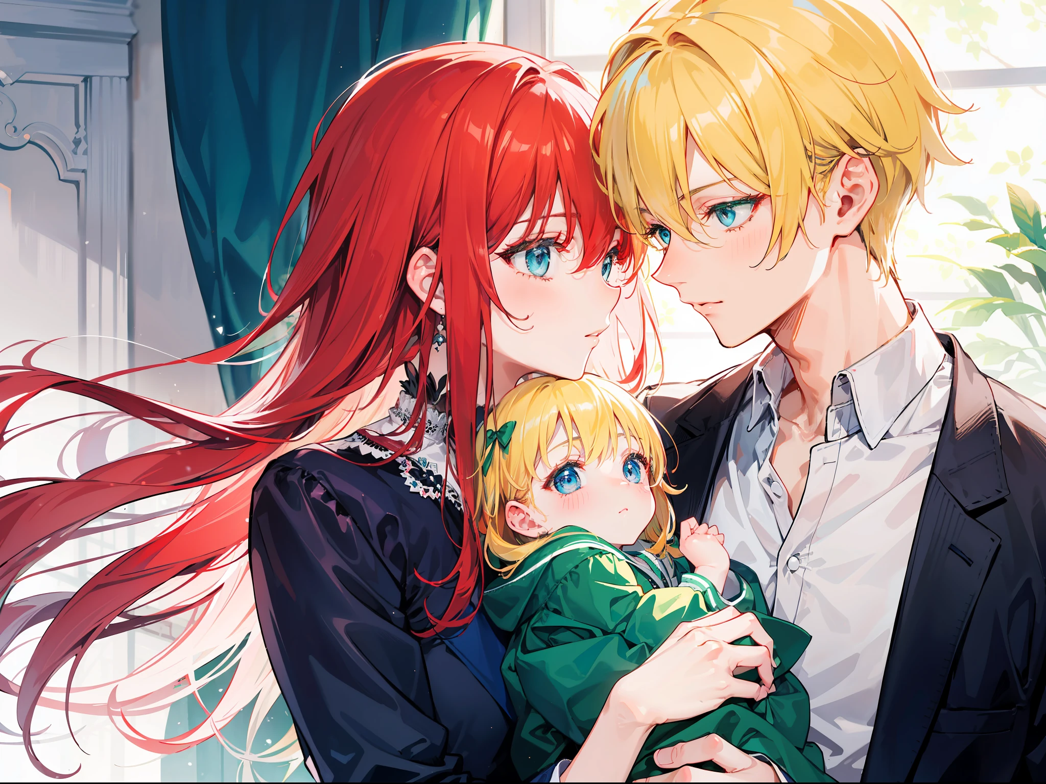 "Generate an image of an mature couple wearing lovely clothes that depict romance, with beautiful lighting. The woman has flowing red hair and captivating blue eyes, while the man has charming blonde hair and enchanting green eyes. The man holding blonde baby in between them"