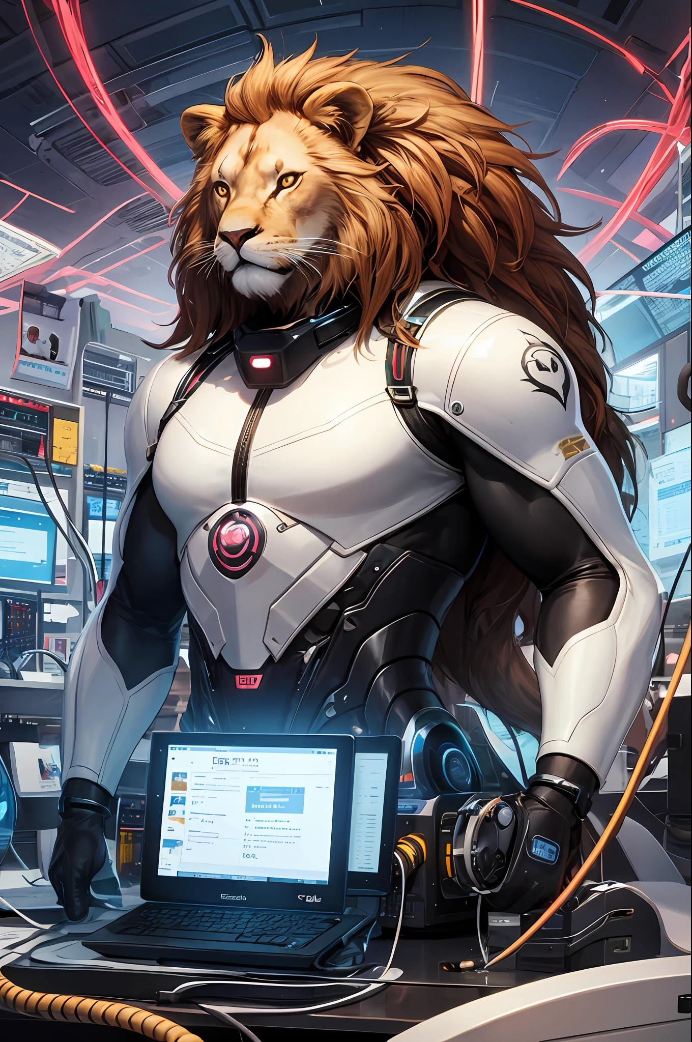 Super futuristic biological animal lion computer with wires and cables
