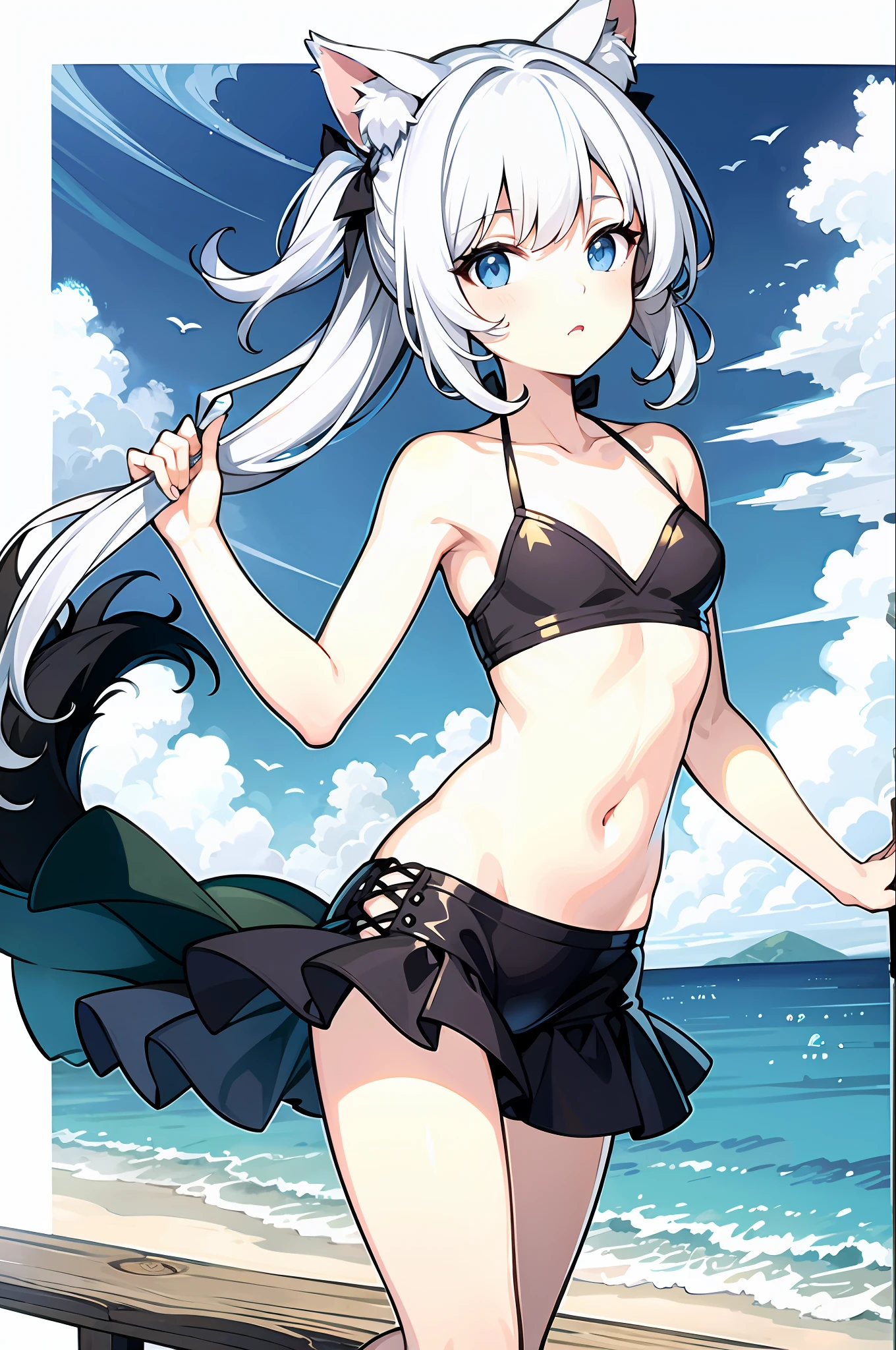 1girle,Lori, oceans,The bikini,urine,mew,flat-chested,White hair,high quailty,high res,Dull hair,Blue eyes,Animal ears