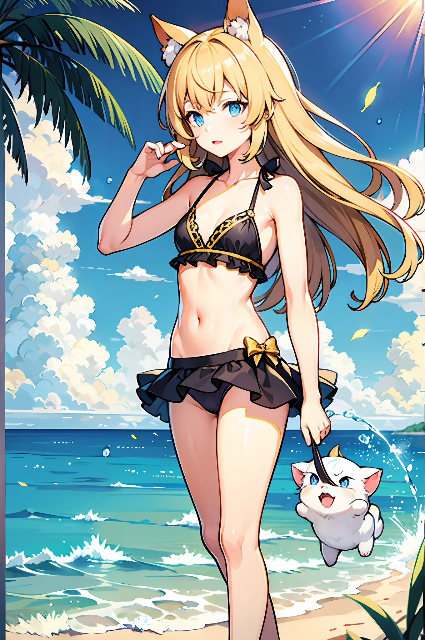 1girle，Lori， oceans，The bikini，urine，mew，flat-chested，golden hair，high quailty，high res，Dull hair，Blue eyes，Animal ears