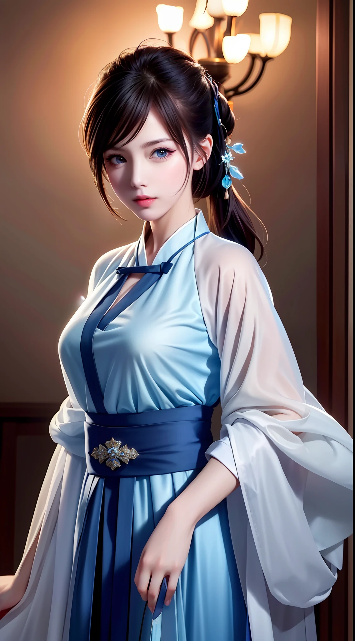 Hanfu, National Style 3.2, Full Body, Walking Posture, Slow Motion, Men Wear Full Body Multi-layered (Heavy Robe: 1.2), (Blue Ice Flower Long Dress: 1.2), Gloves, (Very Detailed, Bloom: 1.5), (Highest Quality, Alessandro Casagrande, Greg Rutkowski, Sally Mann, Concept Art, 4k), (Analog: 1.2), (High Definition), (Detail Pupil: 1.1), (Painting: 1.1), (Digital Painting: 1.1), Detailed Face and Eyes, Masterpiece, Best Quality, (Highly Detailed Photo: 1.1), 8K, Realistic, (Ice Hair Color, Dynamic Hairstyle), (pureerosface_v1:0.1), Jeremy Mann, Sandra Chevrier, Maciej Kuciara, Sharp, (torn body: 1.1), realistic, realistic shadows, (ice background: 1.2), (Michelangelo), ohwx style<lora: (style of ohwx) masterpiece, best quality, (extremely detailed CG unity 8k wallpaper, masterpiece, best quality, ultra-detailed, best shadow), (detailed background), (beautiful detailed face, beautiful detailed eyes), High contrast, (best illumination, an extremely delicate and beautiful), (girl:1.5), ((Not relevant)), ((caustic)), dynamic angle, beautiful detailed glow, (portrait:0.2),dynamic angle, beautiful detailed glow, (portrait:0.2),pigtail,full body,