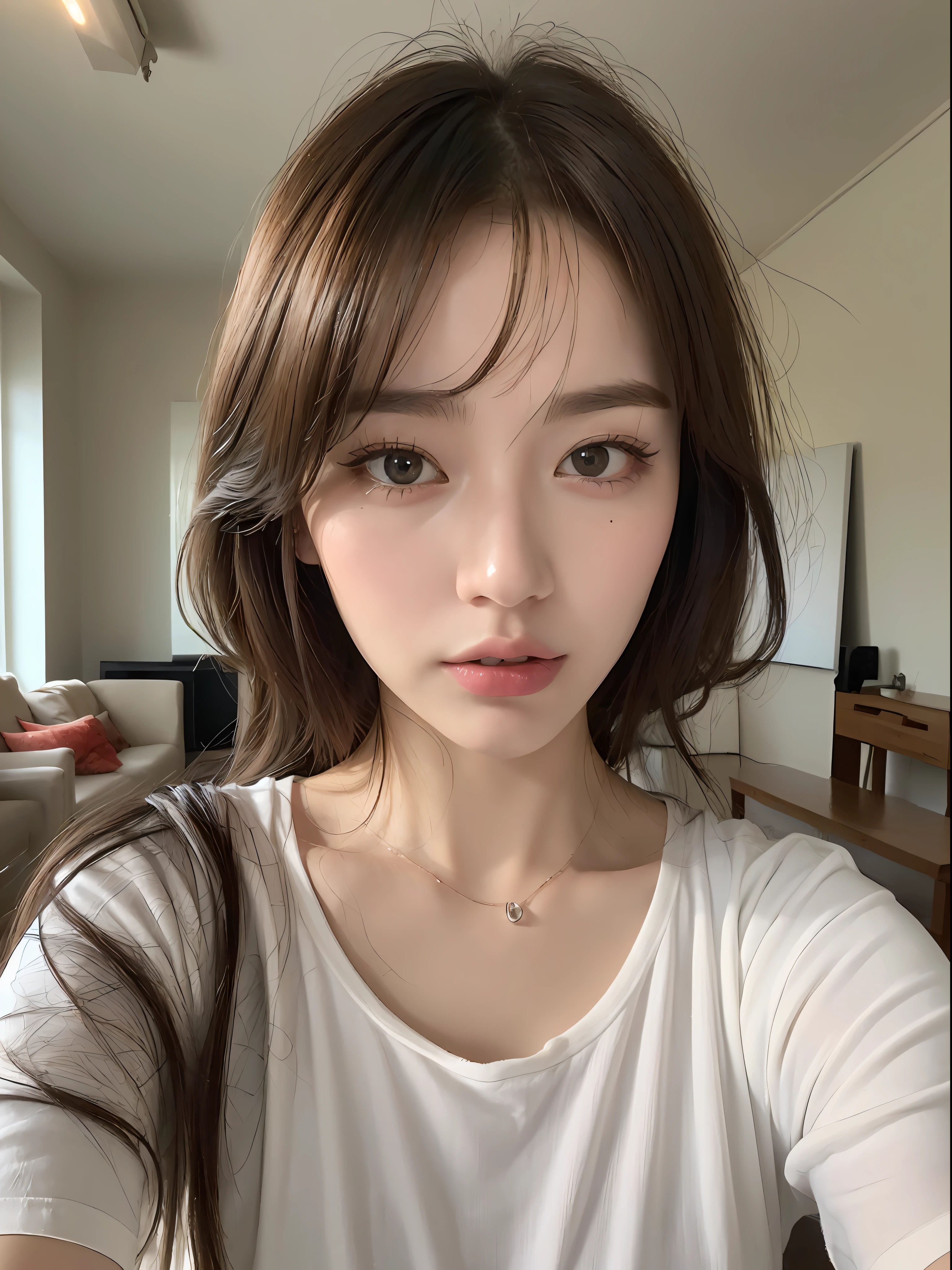 ((, Need, 8K, A Masterpiece:1.3)), 1 female,upper half body,Selfies,focal length:1.2, Perfect body beauty:1.4, Slim abs:1.1, ((Dark brown hair )), (White loose T-shirt,Sit:1.2), ((Living room:1.3)), Highly detailed facial and skin texture, detailed eye, Double eyelid