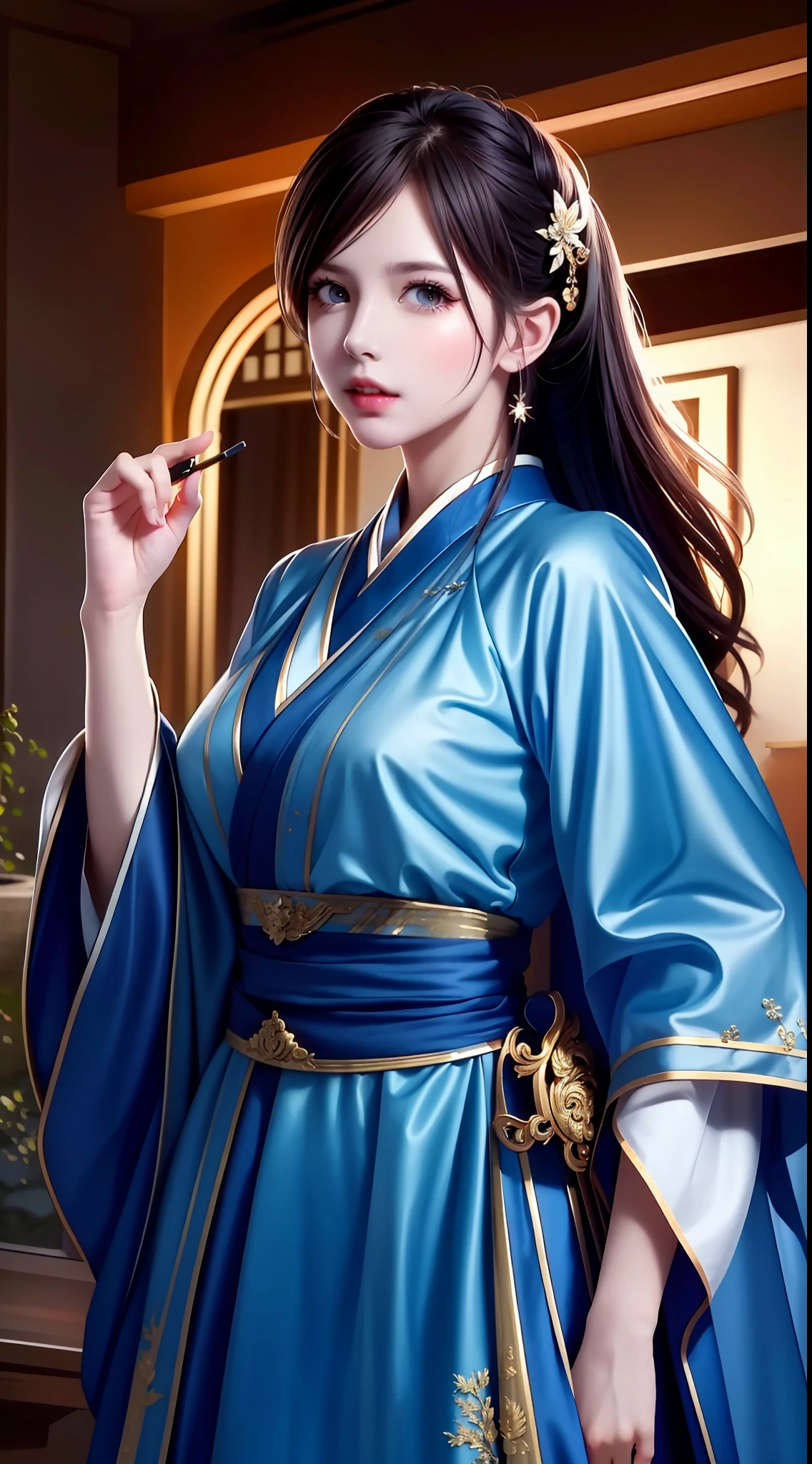 Hanfu, National Style 3.2, Full Body, Walking Posture, Slow Motion, Men Wear Full Body Multi-layered (Heavy Robe: 1.2), (Blue Ice Flower Long Dress: 1.2), Gloves, (Very Detailed, Bloom: 1.5), (Highest Quality, Alessandro Casagrande, Greg Rutkowski, Sally Mann, Concept Art, 4k), (Analog: 1.2), (High Definition), (Detail Pupil: 1.1), (Painting: 1.1), (Digital Painting: 1.1), Detailed Face and Eyes, Masterpiece, Best Quality, (Highly Detailed Photo: 1.1), 8K, Realistic, (Ice Hair Color, Dynamic Hairstyle), (pureerosface_v1:0.1), Jeremy Mann, Sandra Chevrier, Maciej Kuciara, Sharp, (torn body: 1.1), realistic, realistic shadows, (ice background: 1.2), (Michelangelo), ohwx style<lora: (style of ohwx) masterpiece, best quality, (extremely detailed CG unity 8k wallpaper, masterpiece, best quality, ultra-detailed, best shadow), (detailed background), (beautiful detailed face, beautiful detailed eyes), High contrast, (best illumination, an extremely delicate and beautiful), (girl:1.5), ((Not relevant)), ((caustic)), dynamic angle, beautiful detailed glow, (portrait:0.2),dynamic angle, beautiful detailed glow, (portrait:0.2),pigtail,full body,