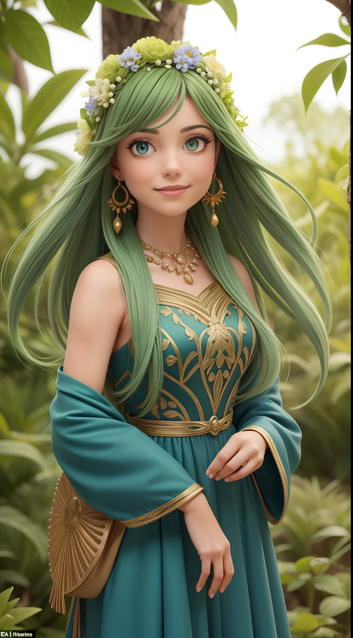 Distintivo: Gaia possui longos cabelos verdes e olhos azuis brilhantes. Ela usa um traje verde e marrom, com detalhes em forma de folhas e flores. Gaia is an advocate of harmony between humans and nature, fighting to protect the environment from threats.
