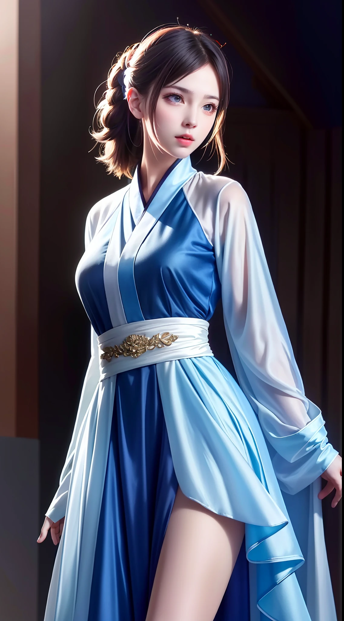 Hanfu, National Style 3.2, Full Body, Walking Posture, Slow Motion, Men Wear Full Body Multi-layered (Heavy Robe: 1.2), (Blue Ice Flower Long Dress: 1.2), Gloves, (Very Detailed, Bloom: 1.5), (Highest Quality, Alessandro Casagrande, Greg Rutkowski, Sally Mann, Concept Art, 4k), (Analog: 1.2), (High Definition), (Detail Pupil: 1.1), (Painting: 1.1), (Digital Painting: 1.1), Detailed Face and Eyes, Masterpiece, Best Quality, (Highly Detailed Photo: 1.1), 8K, Realistic, (Ice Hair Color, Dynamic Hairstyle), (pureerosface_v1:0.1), Jeremy Mann, Sandra Chevrier, Maciej Kuciara, Sharp, (torn body: 1.1), realistic, realistic shadows, (ice background: 1.2), (Michelangelo), ohwx style<lora: (style of ohwx) masterpiece, best quality, (extremely detailed CG unity 8k wallpaper, masterpiece, best quality, ultra-detailed, best shadow), (detailed background), (beautiful detailed face, beautiful detailed eyes), High contrast, (best illumination, an extremely delicate and beautiful), (girl:1.5), ((Not relevant)), ((caustic)), dynamic angle, beautiful detailed glow, (portrait:0.2),dynamic angle, beautiful detailed glow, (portrait:0.2),pigtail,full body,