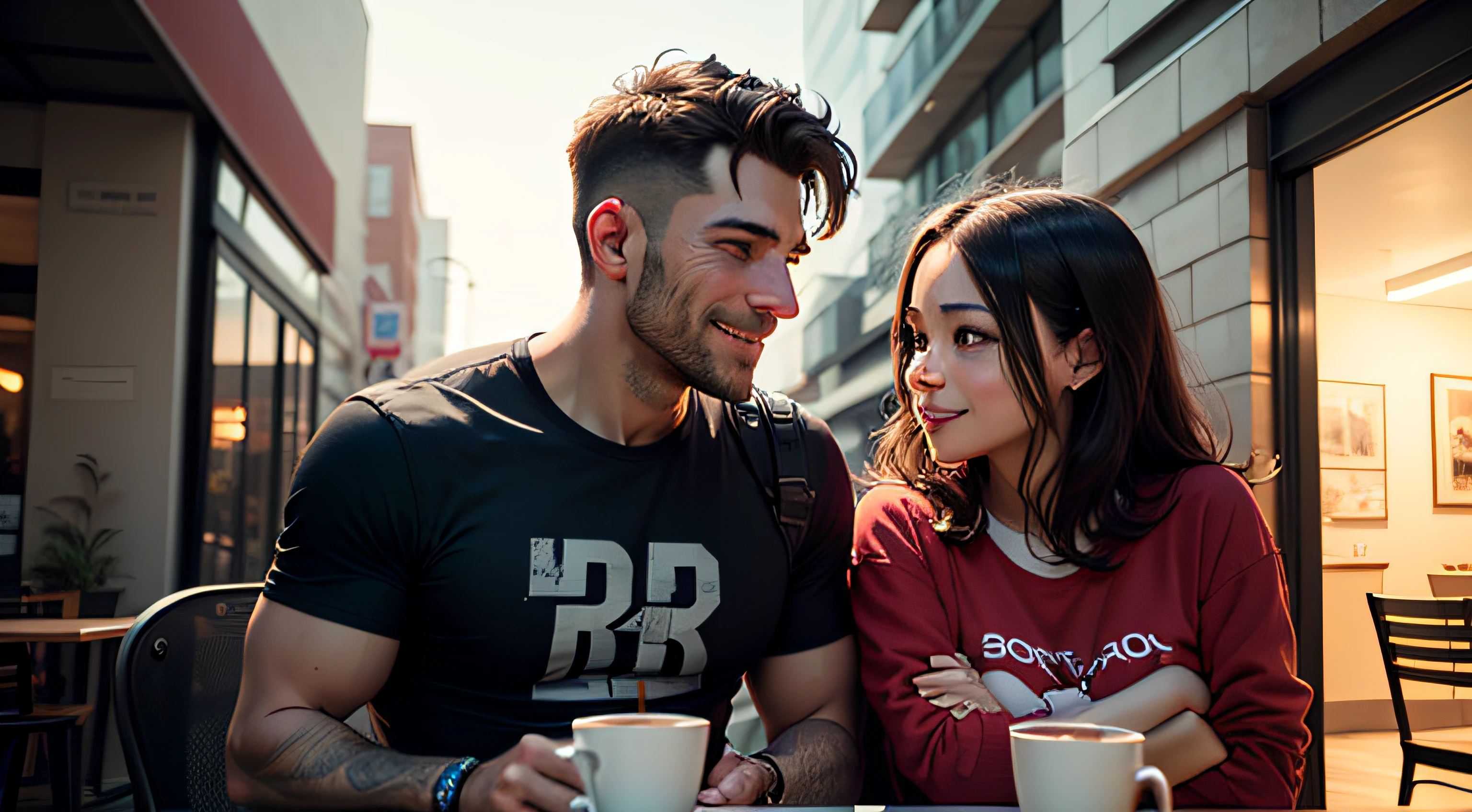 homem conversando com uma mulher, homem camiseta preta, Eating lunch together, corpo inteiro, corpo todo, comida ao redor, natureza linda, Side view, sorrisos, sorrindo, olhando um para o outro, ambos sorrindo, cidade, noite, sidewalk, noite bonita, cinematic realistic portrait, render retrato 8k, Cinematic photo, realistic face moody lighting, imagem ultra realista, arte de personagem motor irreal, arte cyberpunk ultrarrealista 8k, Cinematic, estilo de arte fotorrealista, um ultra realista, tiro retrato detalhado, homem bonito, retrato tiro 8K --auto