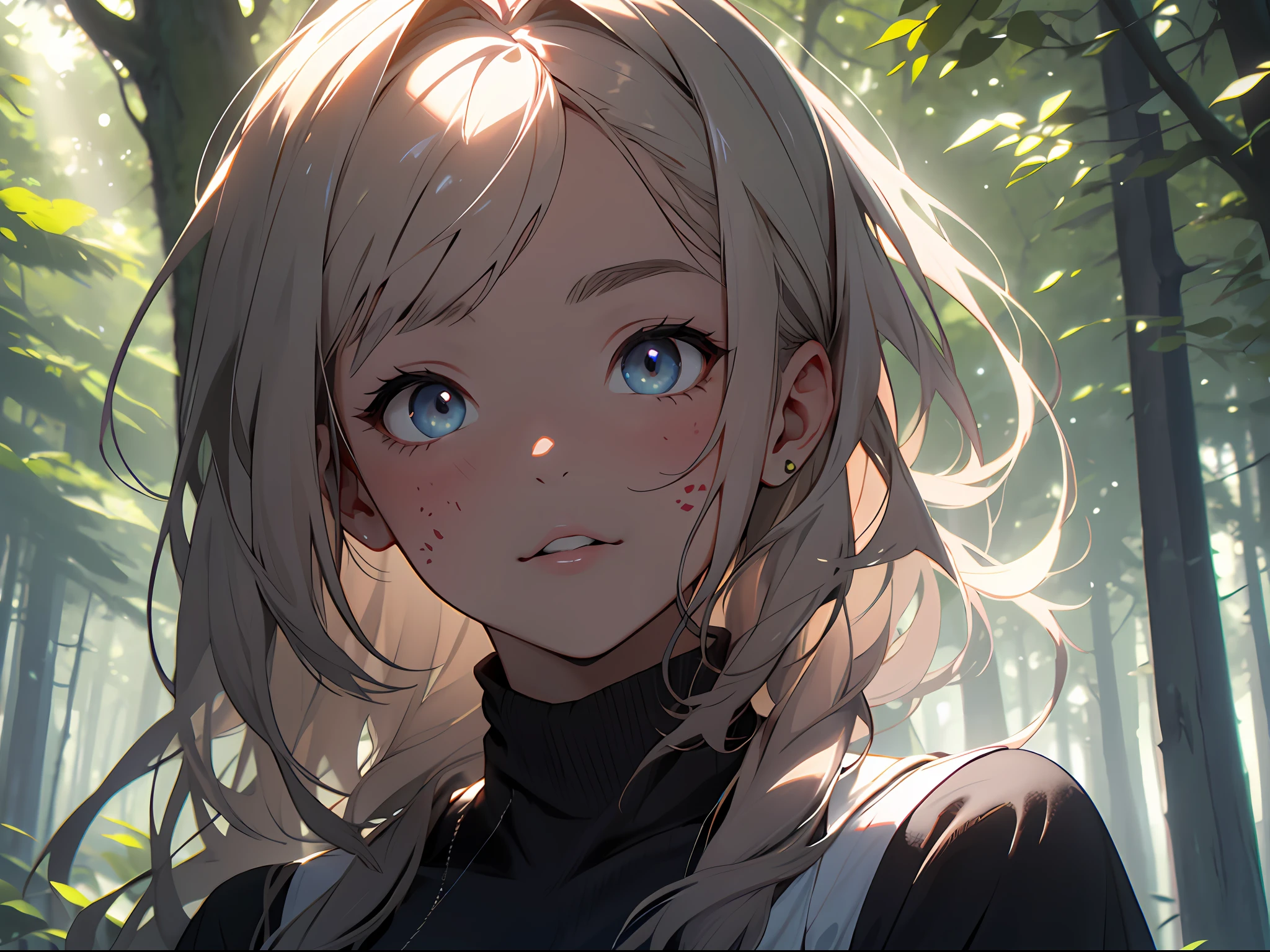 A girl in the forest with sunlight on her face