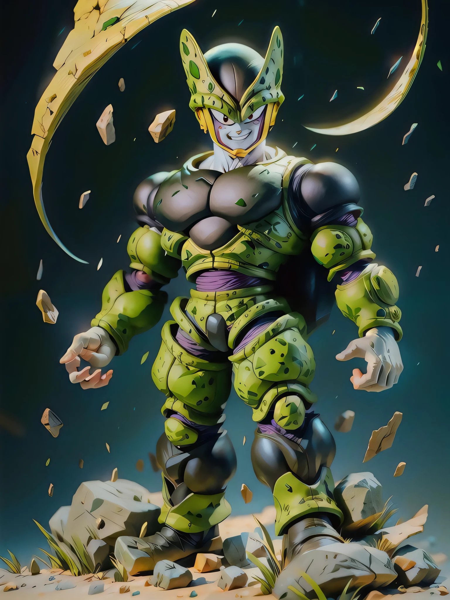 masterpiece, best quality, hight quality eyes, ultra-detailed, 1boy, perfect_cell, full_body, masterpiece, grin, front_view NOTE: The face was inpainted, space, cracked ground and lots of rocks rising up, perfect hands . Cute, chibi,