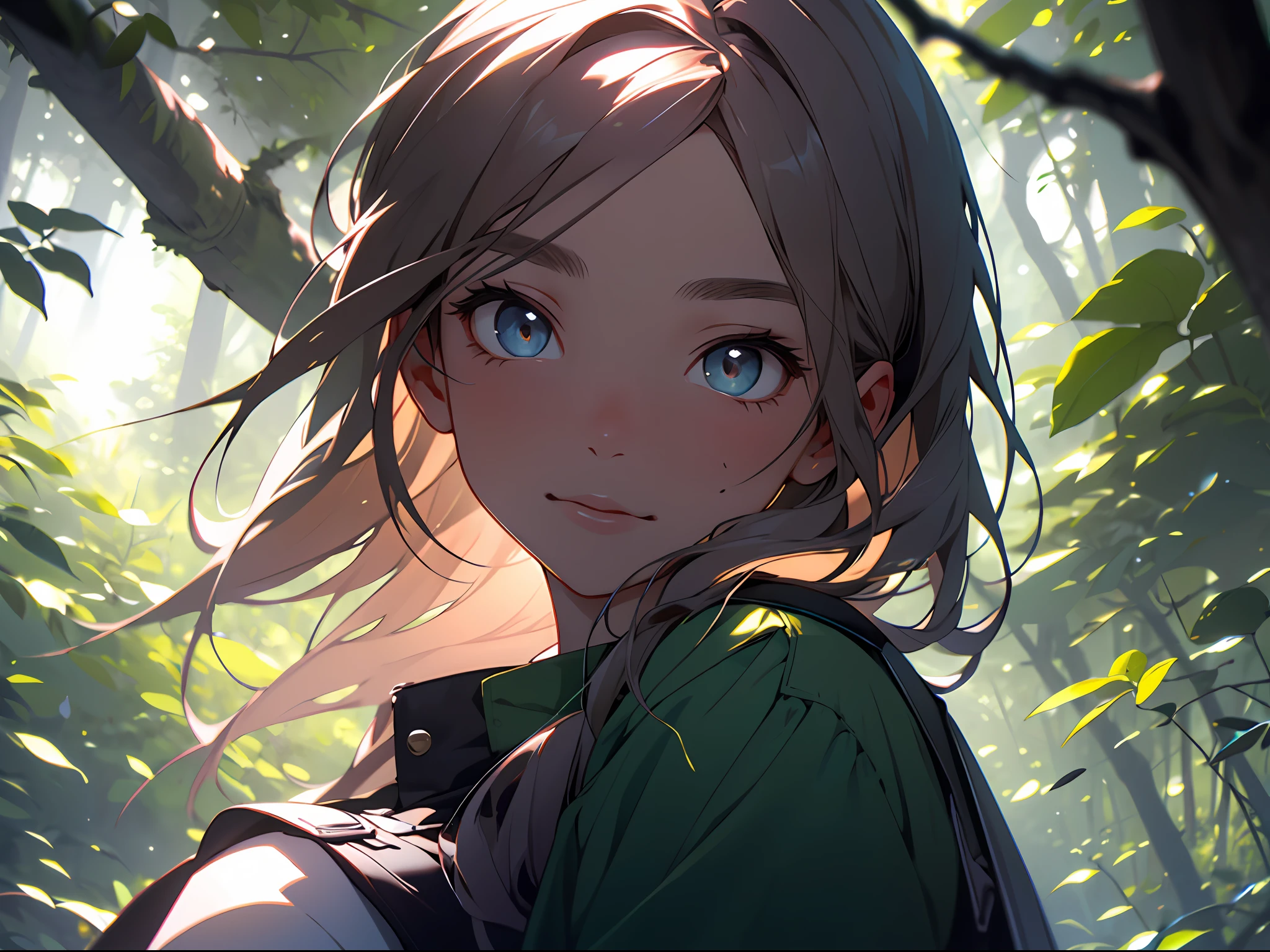 A girl in the forest with sunlight on her face