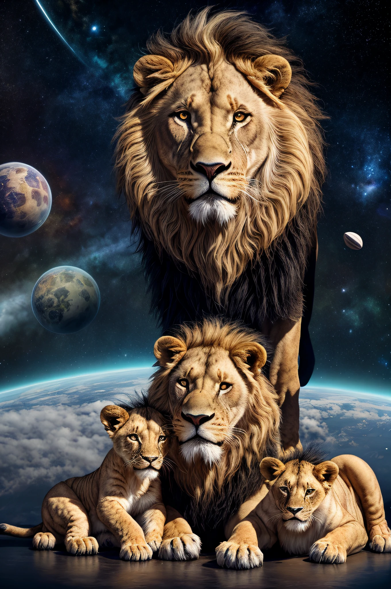 A family of lions and their cubs A lion cub, galaxies, espirais, outer space, Nebulosas, estrelas, smoke, iridescente, detalhe intrincado, in the form of a lion, octane rendering, 8k