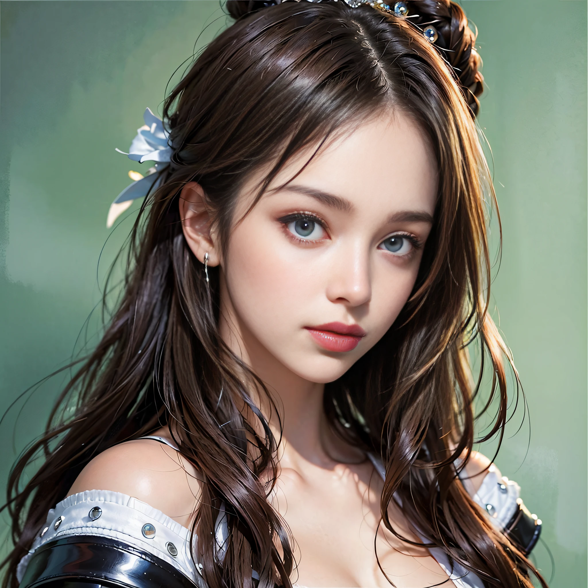 (masterpiece), (highest quality), (realistic), attractive daughter, beautiful portrait, transparent eyes, beautiful eyes, beautiful nose, beautiful mouth, cute lips, fine-grained skin, portrait shooting, long hair, elegant face, beautiful woman with perfect body shape: 1.4, ultra-realistic painting: 1.4, ultra-precision painting: 1.4