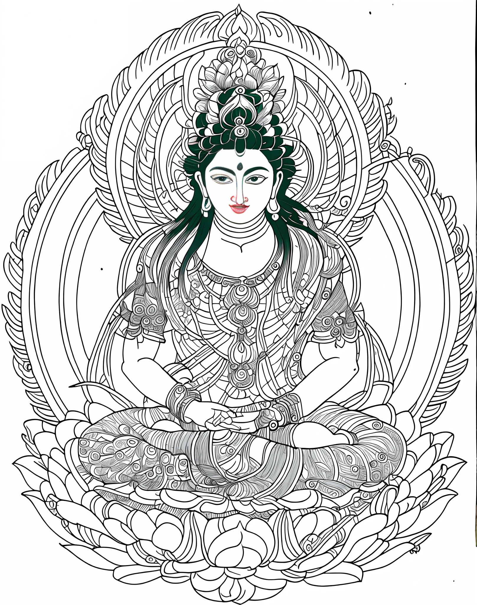 A color illustration with a predominantly gold tone,A fairy sits in the place of a red lotus, Male immortals. extremely high details, bodhisattva, Body shadows are noticeable,The skin is rosy and bright,extremely detailed goddess shot, attractive male deity, line art colouring page, Detailed colored line art, highly detailed linework, high res, Full-page color illustration, indian goddess of wealth, Illustration of colorful outlines, beautiful line art,