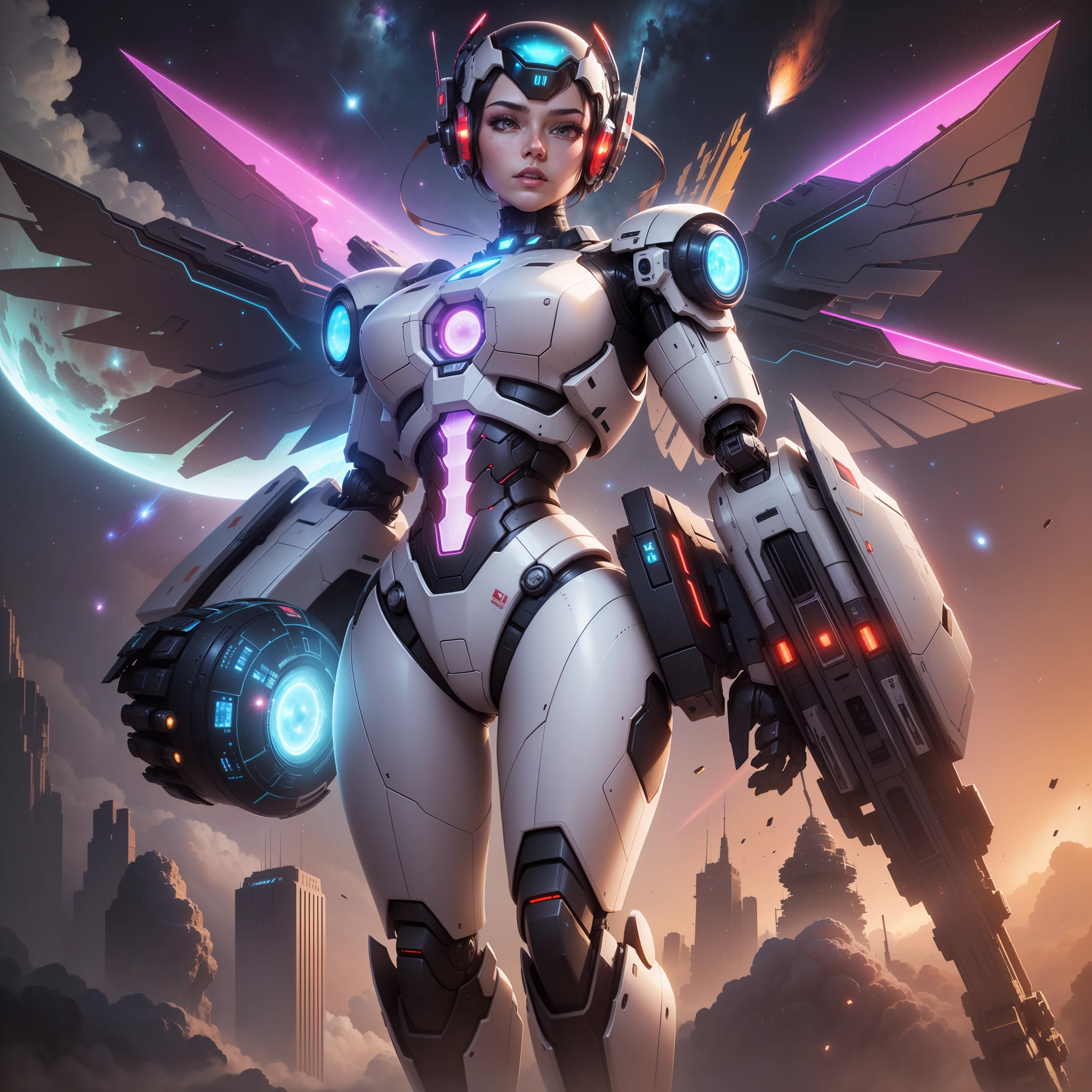 In space, huge planet, nebula, holding weapons, no humans, glowing, (female mech: 1.2), female robot, giant mechanical wings, mech wings, (flying in space: 1.3), comet fragments , glowing eyes, red mecha, science fiction, space, reality, mecha, galaxy background, neon lights, cyberpunk, HD wallpaper, CG art