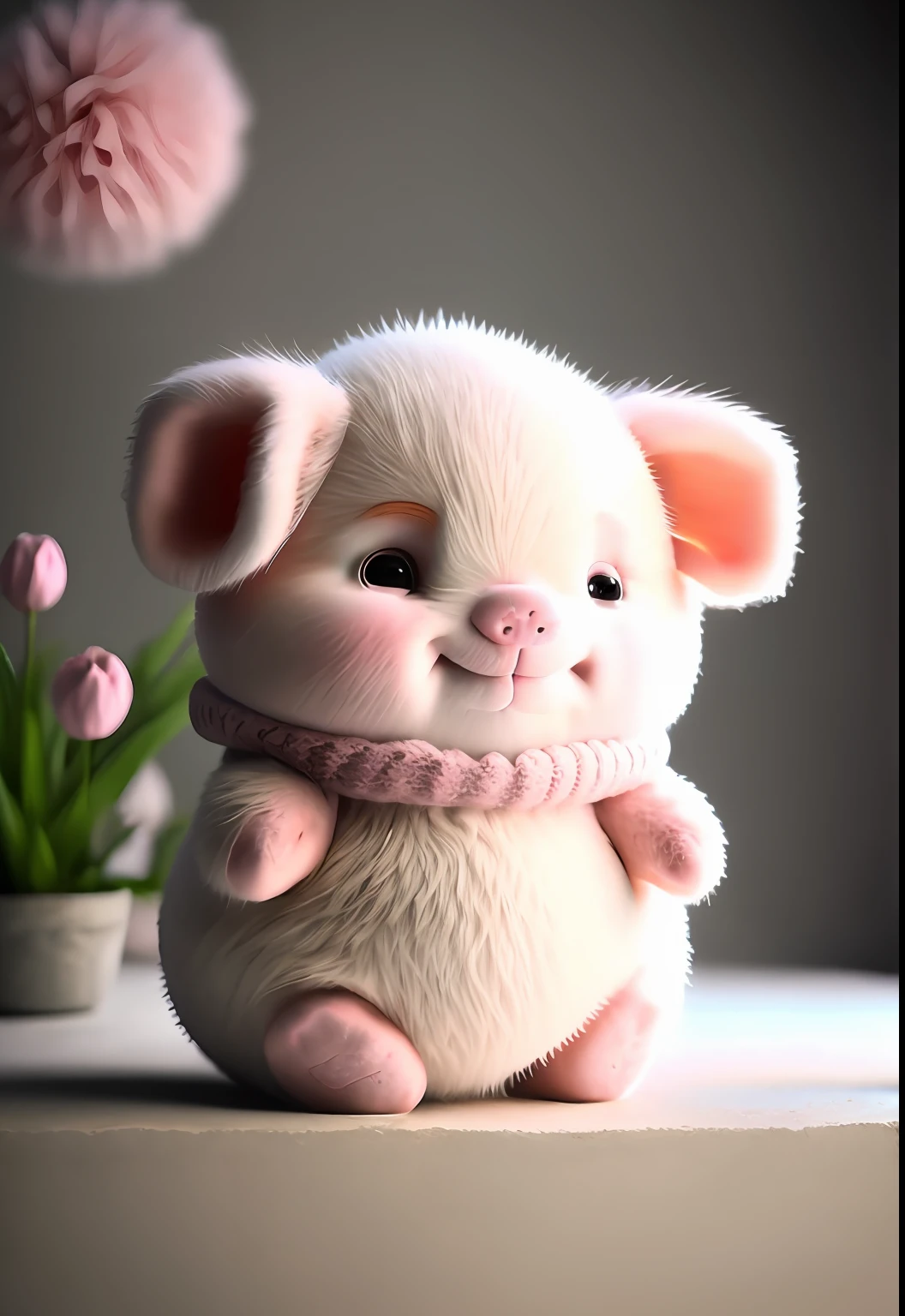 Little fat pig，cuddly，misty，piglet，Pink，Floral，big natural breasts，no_humans，depth offield，to8contrast style，DARK_Glam，Wear DRK_Glam，Deep shadows，（dark：1.4）