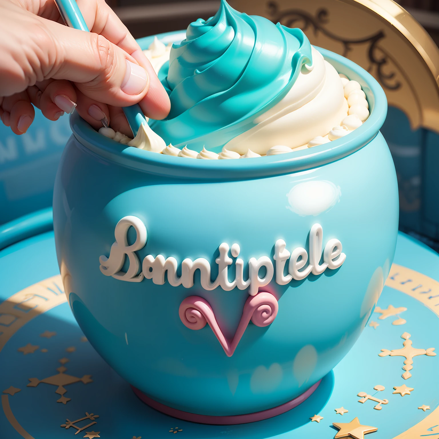 Fundo branco
O nome "P&P Doces" escrito em uma fonte moderna e elegante na cor azul turquesa.
A cake icon in the stylized pot, com camadas coloridas e uma colherzinha saindo do topo, na cor rosa taffy.
The icon is positioned to the right of the store name, em um tamanho menor. --auto