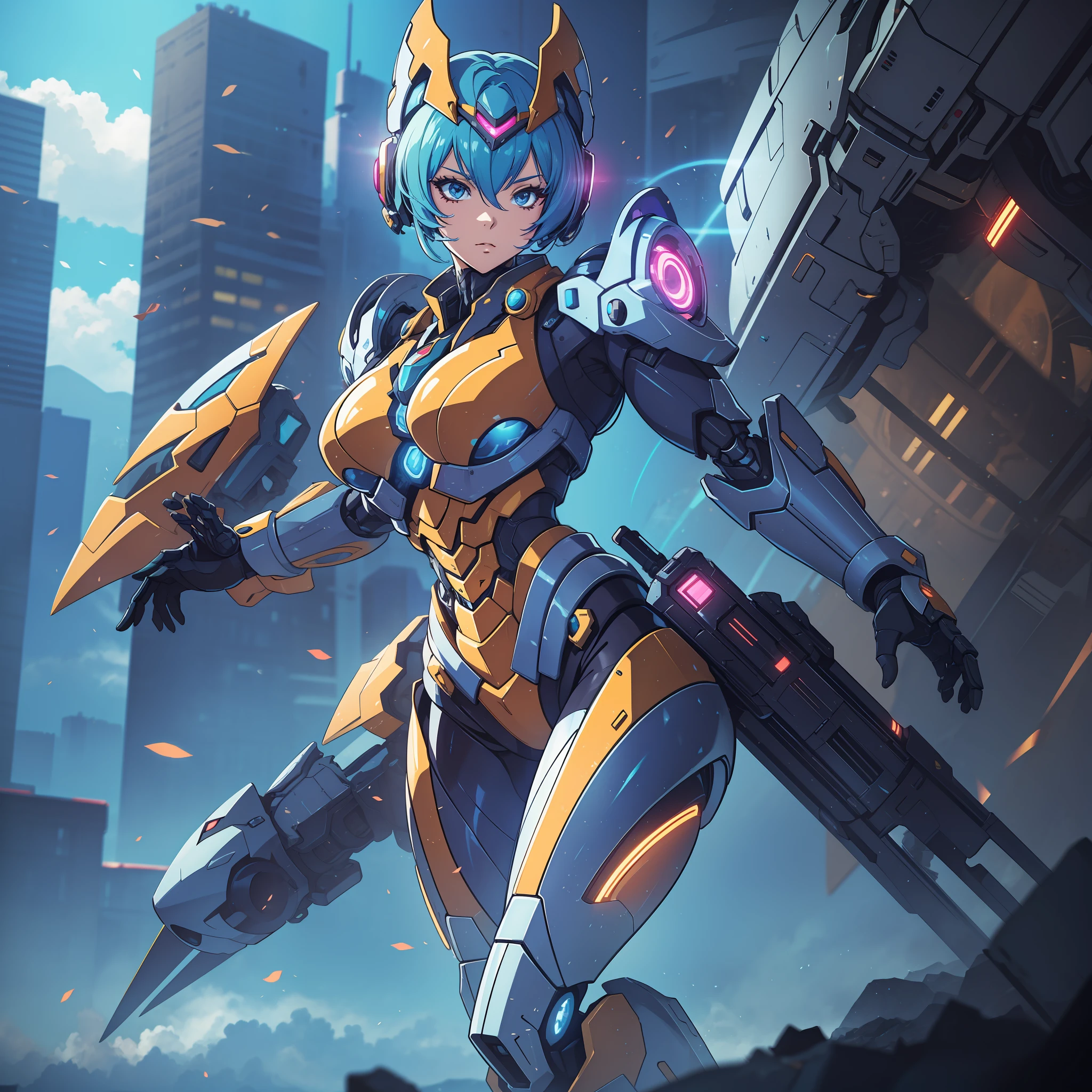 Create an amazing female character with a fully enclosed mecha armor. Anime-inspired look, with sharp contours, Immersive lighting and cartoon style.