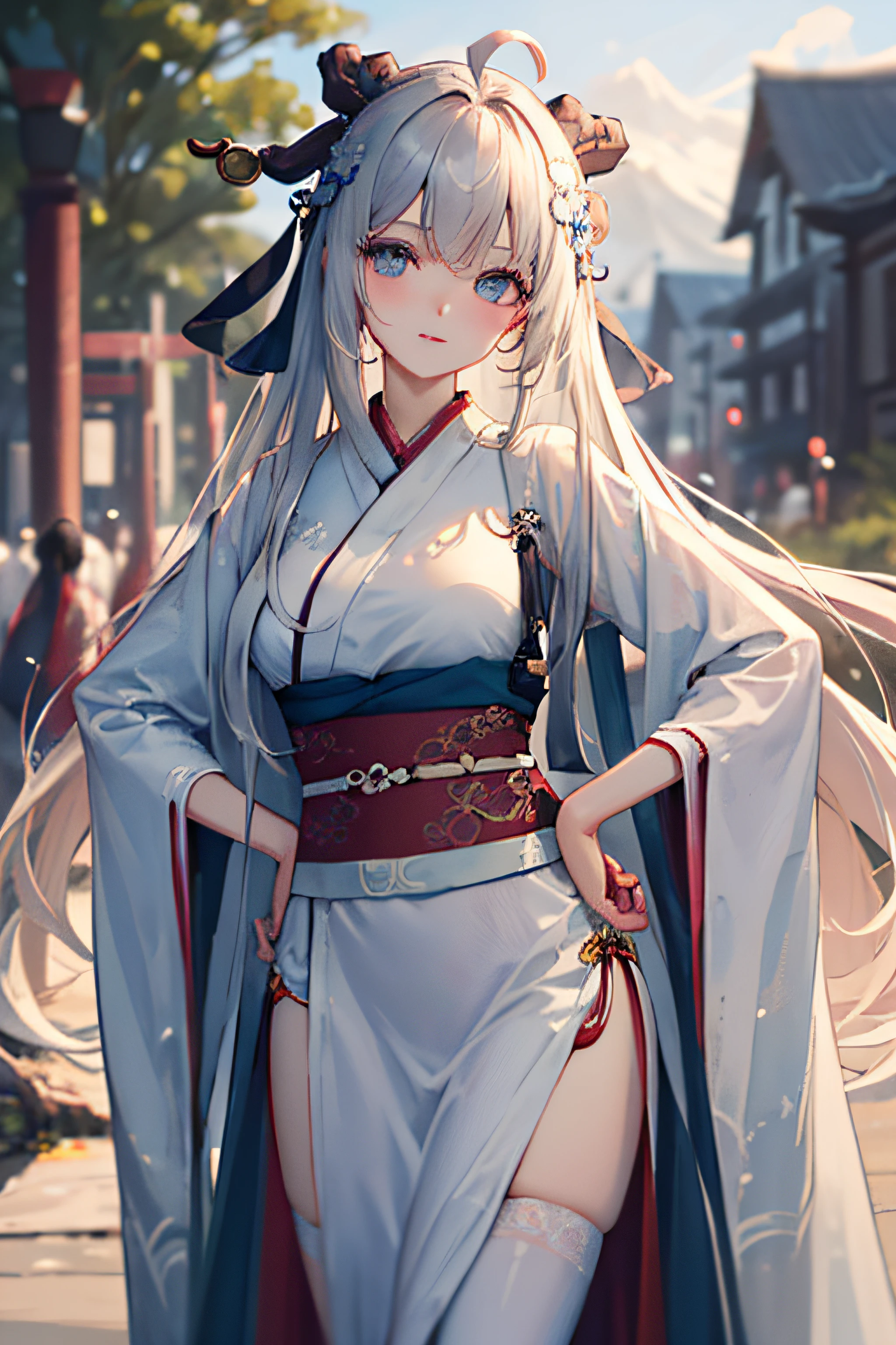 (masterpiece:1.5),(best quality:1.5),(ultra-detailed:1.5),illustration,cowboy shot,1girl,solo,(buildings),perfect face,lustrous skin,long hair,beautiful detailed eyes,beautiful flowing hair,(ru_qun:1.5),(hanfu:1.5),chinese clothes, white dress,white thighhighs, (bloom),lighting, ray tracing,outdoors,  mountains, nature,hair ornament, hair ribbon,hand on hip,looking at viewer,ahoge,large breasts, (deep depth of field:1.5),hair ornament, forest,barefoot sandals