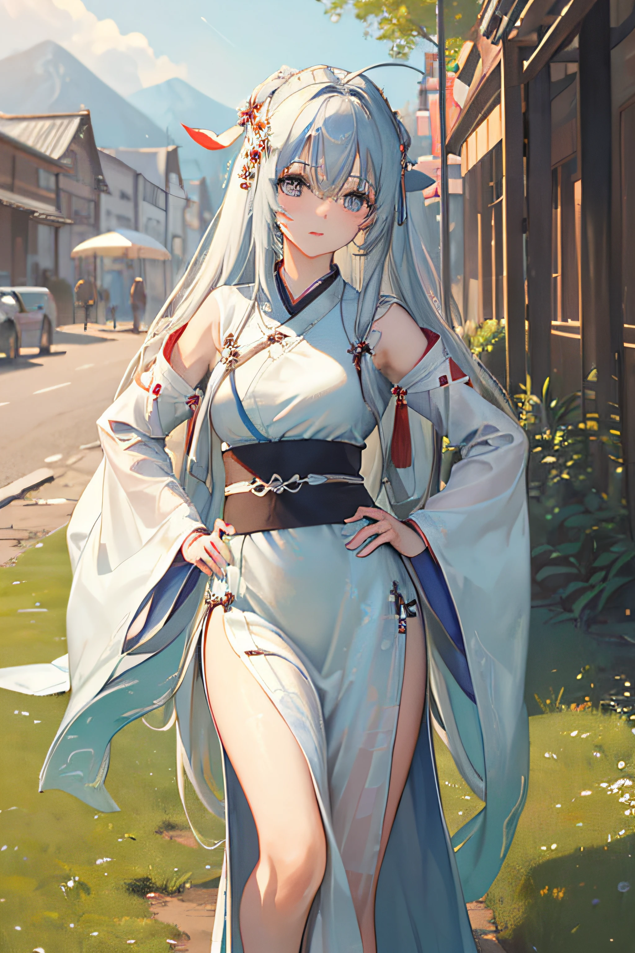 (masterpiece:1.5),(best quality:1.5),(ultra-detailed:1.5),illustration,cowboy shot,1girl,solo,(buildings),perfect face,lustrous skin,long hair,beautiful detailed eyes,beautiful flowing hair,(ru_qun:1.5),(hanfu:1.5),chinese clothes, white dress,white thighhighs, (bloom),lighting, ray tracing,outdoors,  mountains, nature,hair ornament, hair ribbon,hand on hip,looking at viewer,ahoge,large breasts, (deep depth of field:1.5),hair ornament, forest,barefoot sandals