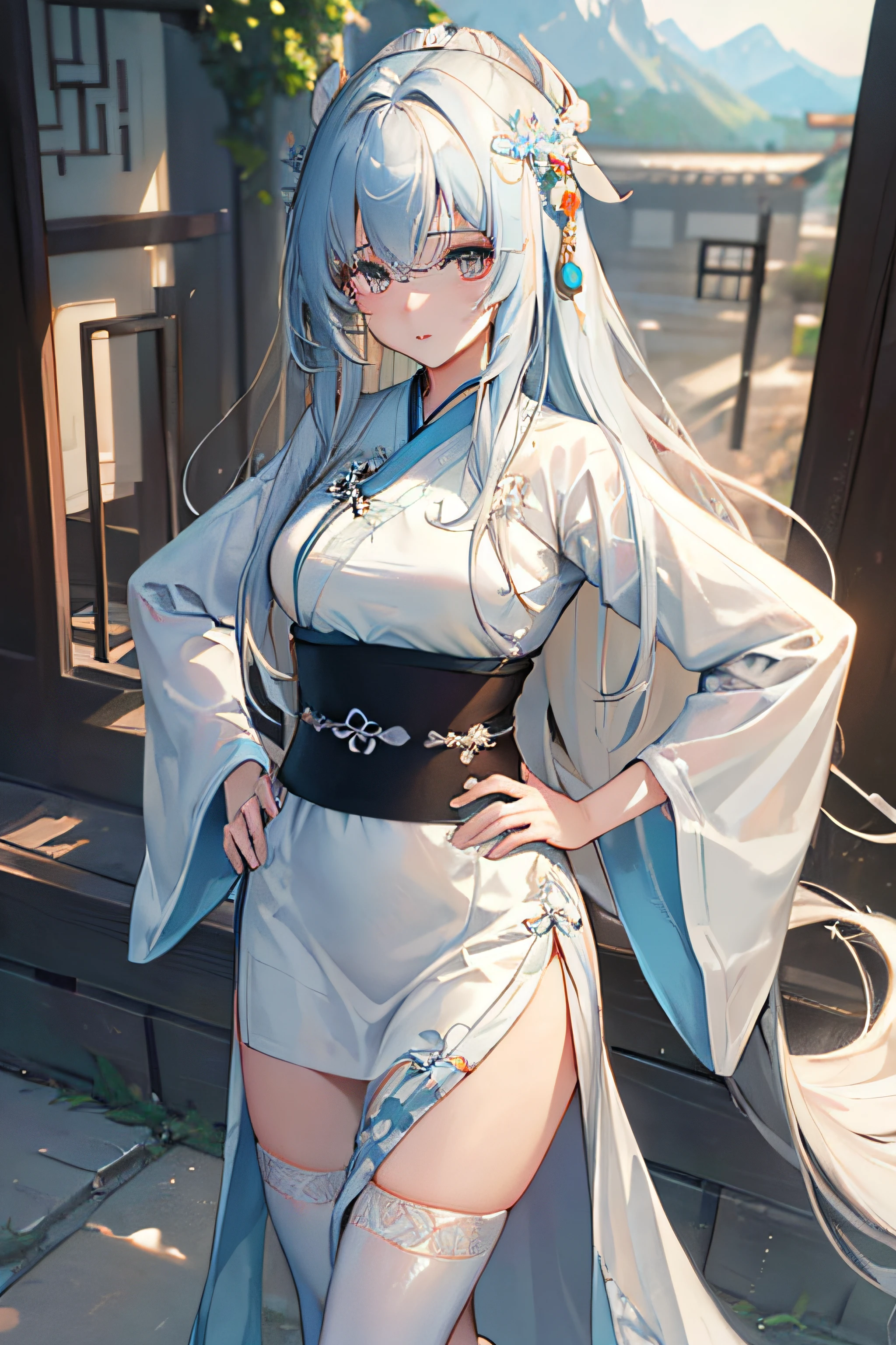 (masterpiece:1.5),(best quality:1.5),(ultra-detailed:1.5),illustration,cowboy shot,1girl,solo,(buildings),perfect face,lustrous skin,long hair,beautiful detailed eyes,beautiful flowing hair,(ru_qun:1.5),(hanfu:1.5),chinese clothes, white dress,white thighhighs, (bloom),lighting, ray tracing,outdoors,  mountains, nature,hair ornament, hair ribbon,hand on hip,looking at viewer,ahoge,large breasts, (deep depth of field:1.5),hair ornament, forest,barefoot sandals