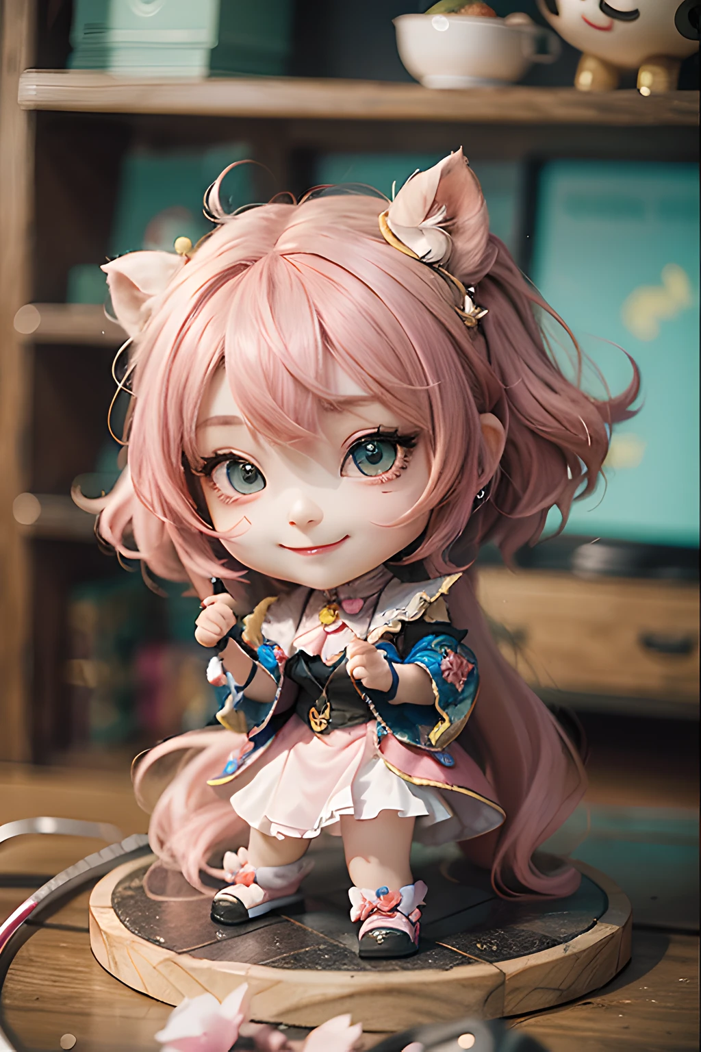 Global Illumination、A masterpiece、maximum quality、Full polygon、Smoothing、Fine touch、((Chibi Chara))、Little Devil Cosplay、semi long、Pink Hair、With bangs、Green Eye、Happy smile、Night light