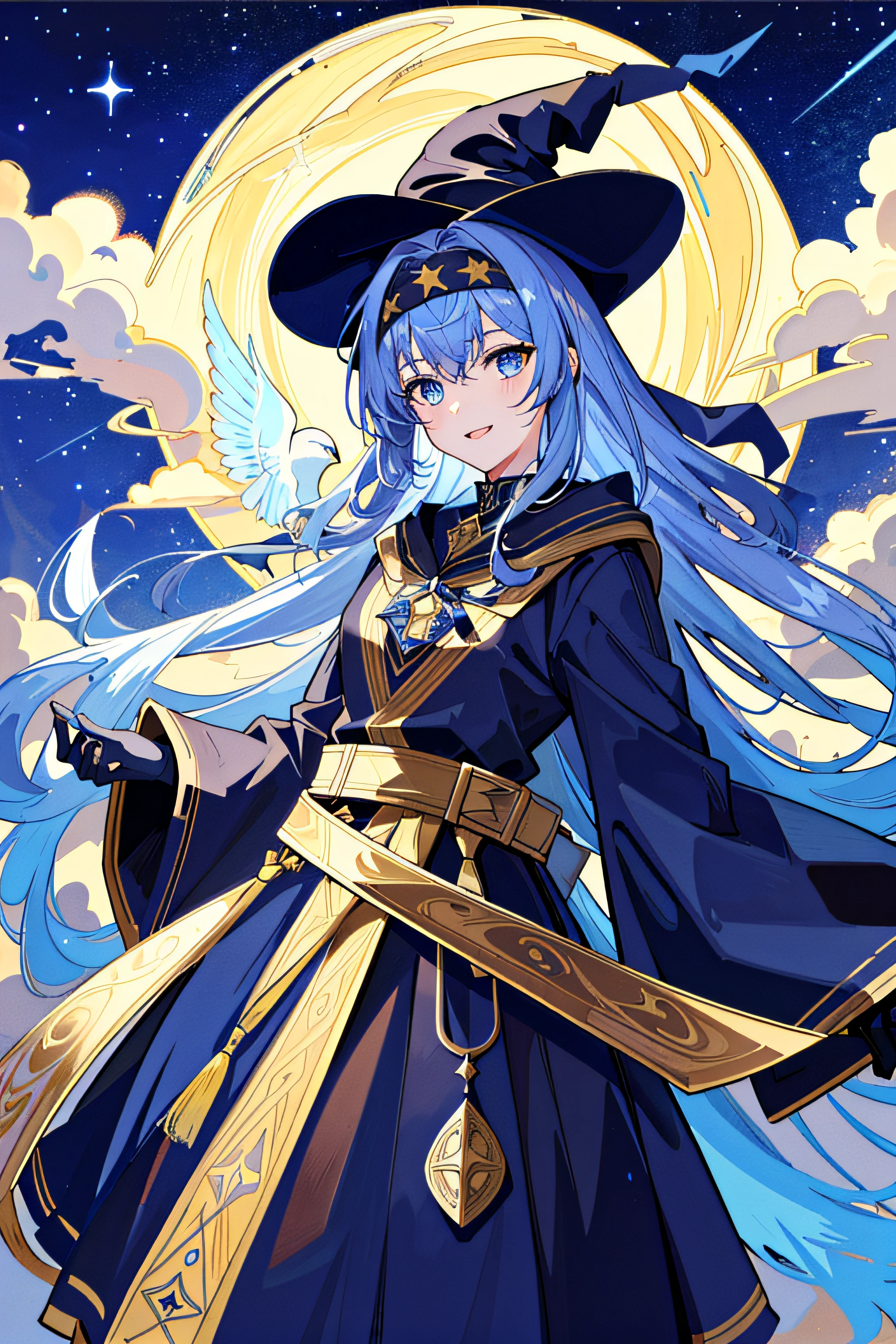 ((masterpiece:1.2, best quality)), 1girl, solo, (witch hat), blonde, long hair, skirt, aurora, night, stars (sky), gloves, sky, white skirt, night sky, mouth open, starry sky, blue Eyes, Ribbons, Long Hair, Red Dress, Smile, Headband, Cape, Blue Hair, (Bird), Magic, Spellcasting, Dark Clouds, Night, (Impressionism: 1.4), (Tarot: 1.3), Alphonse Mucha,
