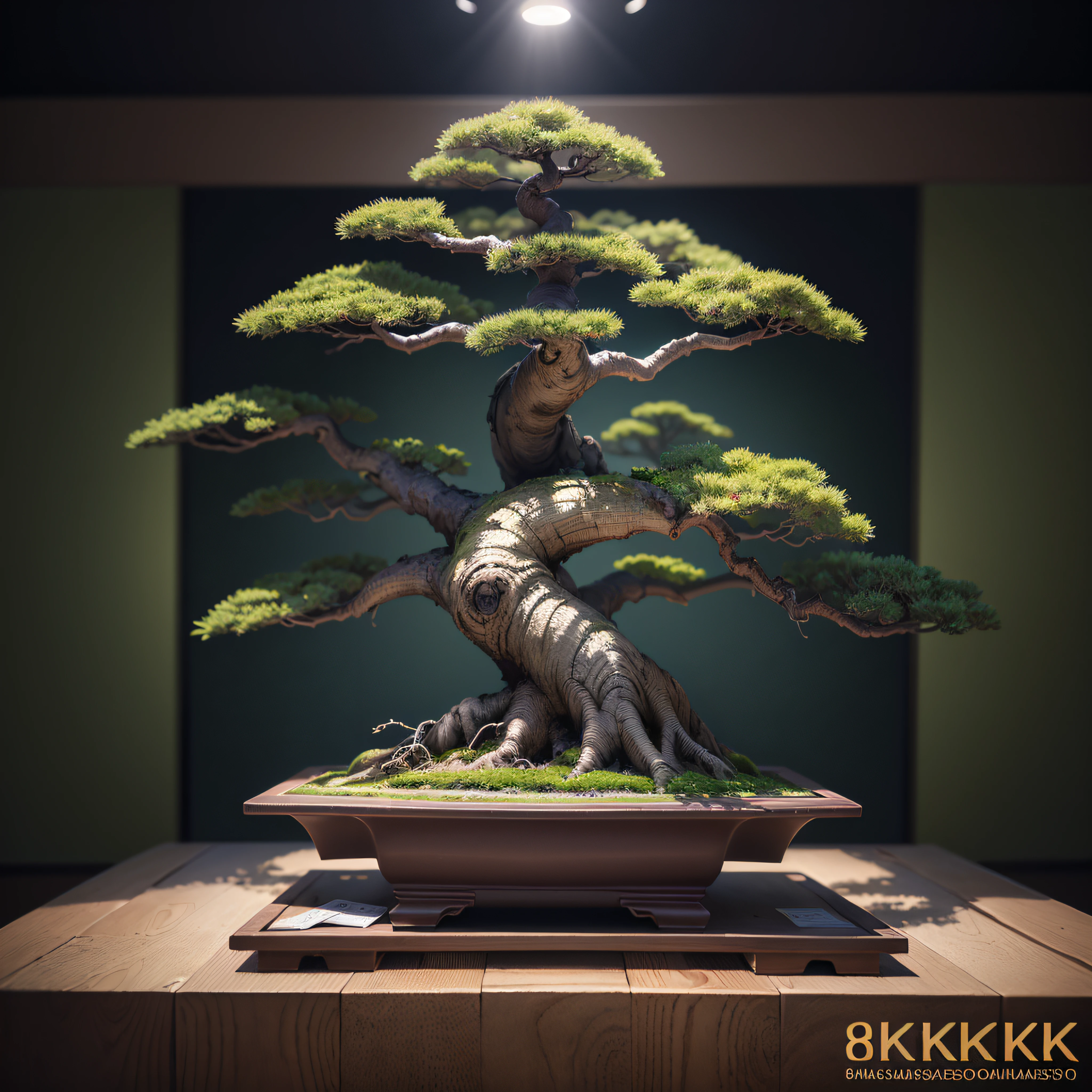 (Masterpiece:1.3), (8k, Best Quality:1.4), black pine bonsai, Award-winning work at the World Bonsai Convention, Works like bonsai artist Masahiko Kimura, On the display stand majestically placed in the center of Makuhari Messe, luxury pottery, spotlight, Bonsai illuminated by lights in a dark room, no person