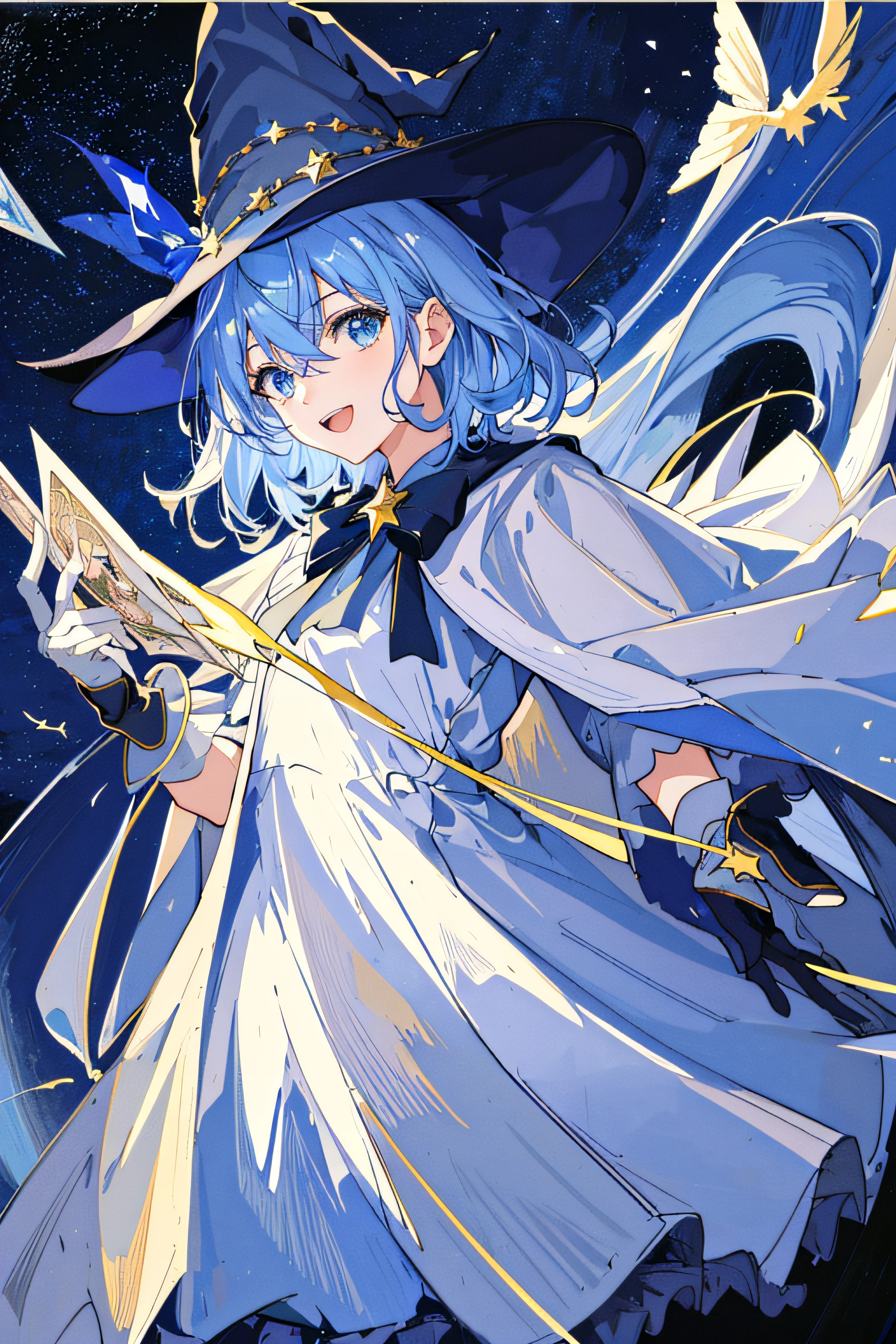 ((masterpiece:1.2, best quality)), 1girl, solo, (witch hat), blonde, long hair, skirt, aurora, night, stars (sky), gloves, sky, white skirt, night sky, mouth open, starry sky, blue Eyes, Ribbons, Long Hair, Red Dress, Smile, Headband, Cape, Blue Hair, (Bird), Magic, Spellcasting, Dark Clouds, Night, (Impressionism: 1.4), (Tarot: 1.3), Alphonse Mucha,