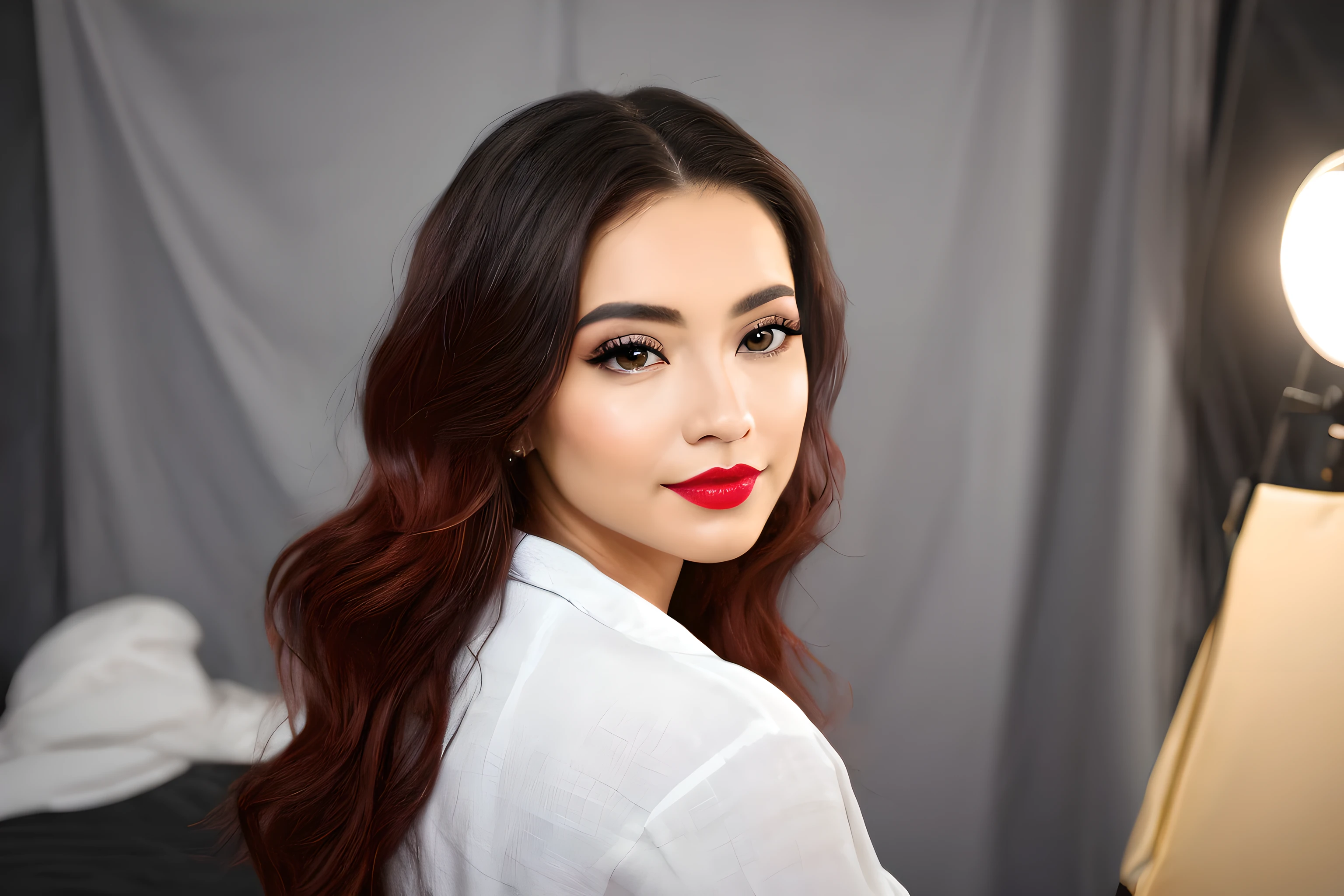 mulher, doing makeup with brush in hand, (estilo to8contrast), (retrato em close), bold lips, foto 8k RAW, Maximum quality, olhos azuis castanhos detalhados, reflexo nos olhos, delineador alado, (olhando para o observador: 1.3), melhor sombra, detalhes intrincados, interior, ondulado vibrante Camadas de cabelo longo com uma parte lateral, (cabelo loiro: 1.3), cores suaves, estilo de alto contraste, glam shot, ardente, (sensual: 1.1), dof, bokeh, intenso, languid, tentador, sensual, sedutor, saudade, anseio, apaixonado, dark photography studio, Minimum illumination, sombras profundas, contrastes absolutos, dramatic highlights, (pano de fundo preto: 1.2), covinhas, plenitude, rechonchudo, beicinho natural, sensualidade, red lips, cor ousada, beleza sedutora, cativante, marcante, unforgettable, estonteante, breathtaking and timeless. (ombros nus: 1.2), full head shot