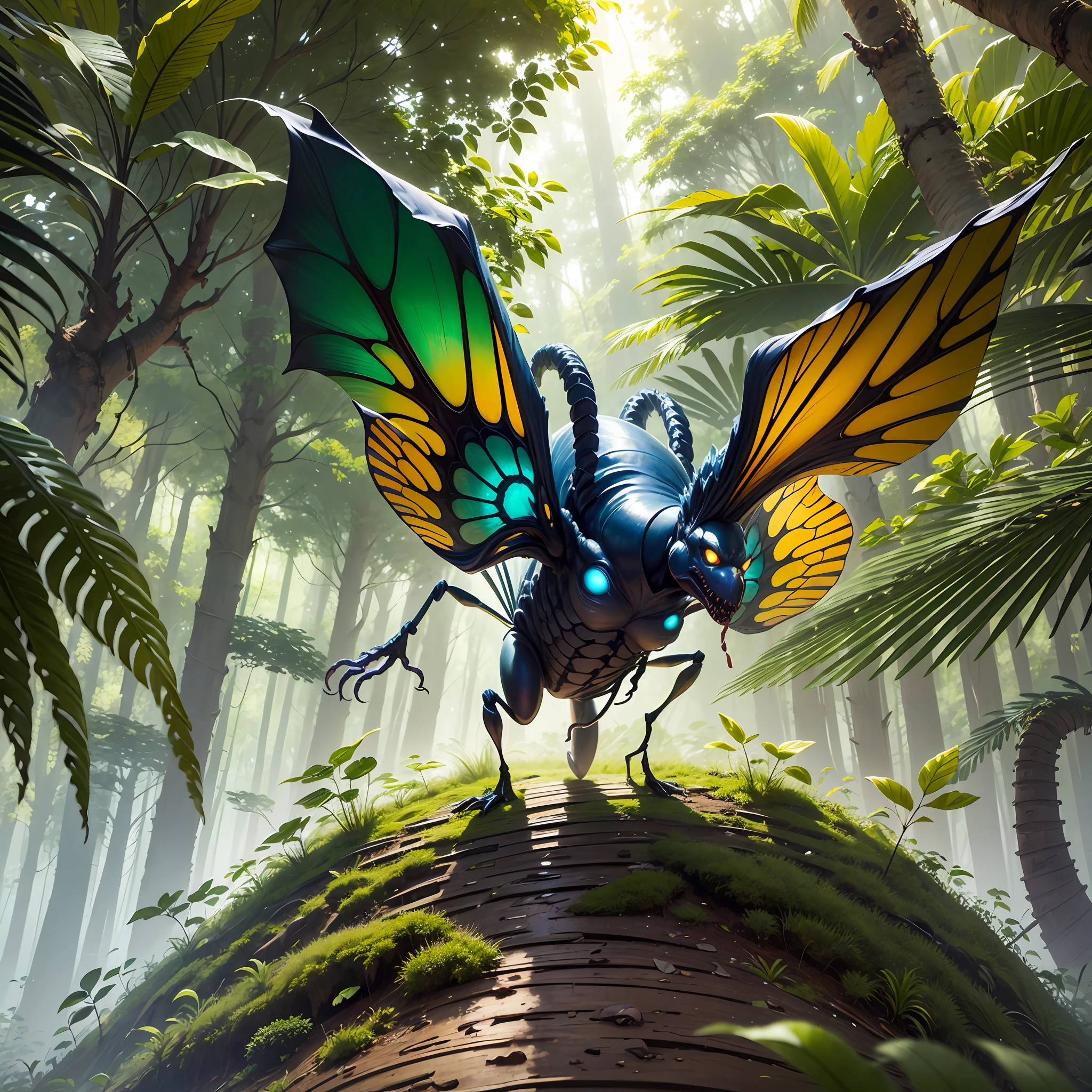 bestbestquality,A masterpiece,Need,A sealed ant monster,Wrap the leaves,In the jungle,Panoramic View,The subject is in the middle of the frame,Large movements,Friendly expression,Non-human(Wood attribute 1.2),Flattening(1.4),Blue-green color scheme,Dark simple background --auto --s2