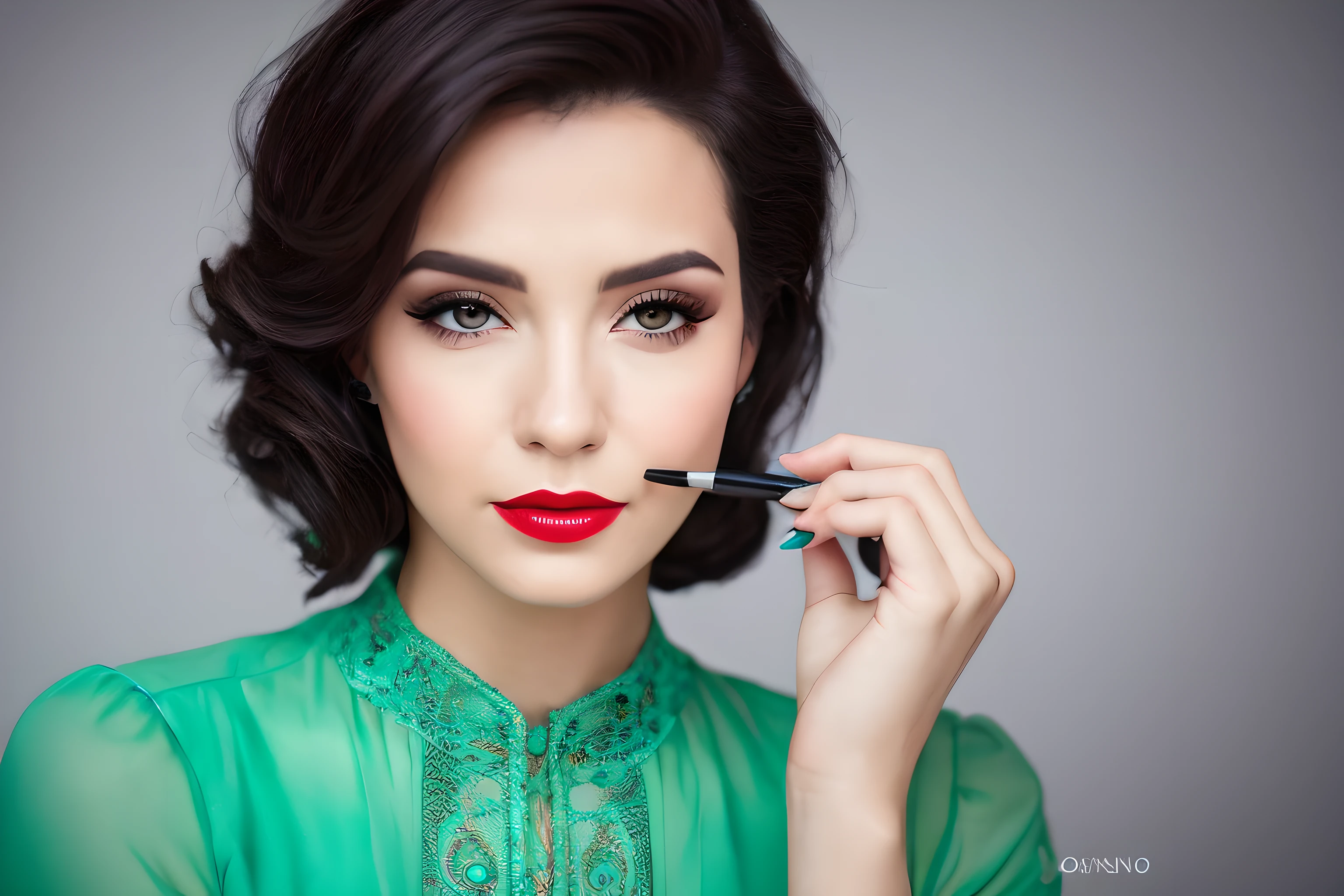 HelgaGrey, mulher, doing makeup with brush in hand, (estilo to8contrast), (retrato em close), bold lips, foto 8k RAW, Maximum quality, olhos azuis castanhos detalhados, reflexo nos olhos, delineador alado, (olhando para o observador: 1.3), melhor sombra, detalhes intrincados, interior, ondulado vibrante Camadas de cabelo longo com uma parte lateral, (cabelo loiro: 1.3), cores suaves, estilo de alto contraste, glam shot, ardente, (sensual: 1.1), dof, bokeh, intenso, languid, tentador, sensual, sedutor, saudade, anseio, apaixonado, dark photography studio, Minimum illumination, sombras profundas, contrastes absolutos, dramatic highlights, (pano de fundo preto: 1.2), covinhas, plenitude, rechonchudo, beicinho natural, sensualidade, red lips, cor ousada, beleza sedutora, cativante, marcante, unforgettable, estonteante, breathtaking and timeless. (ombros nus: 1.2), full head shot