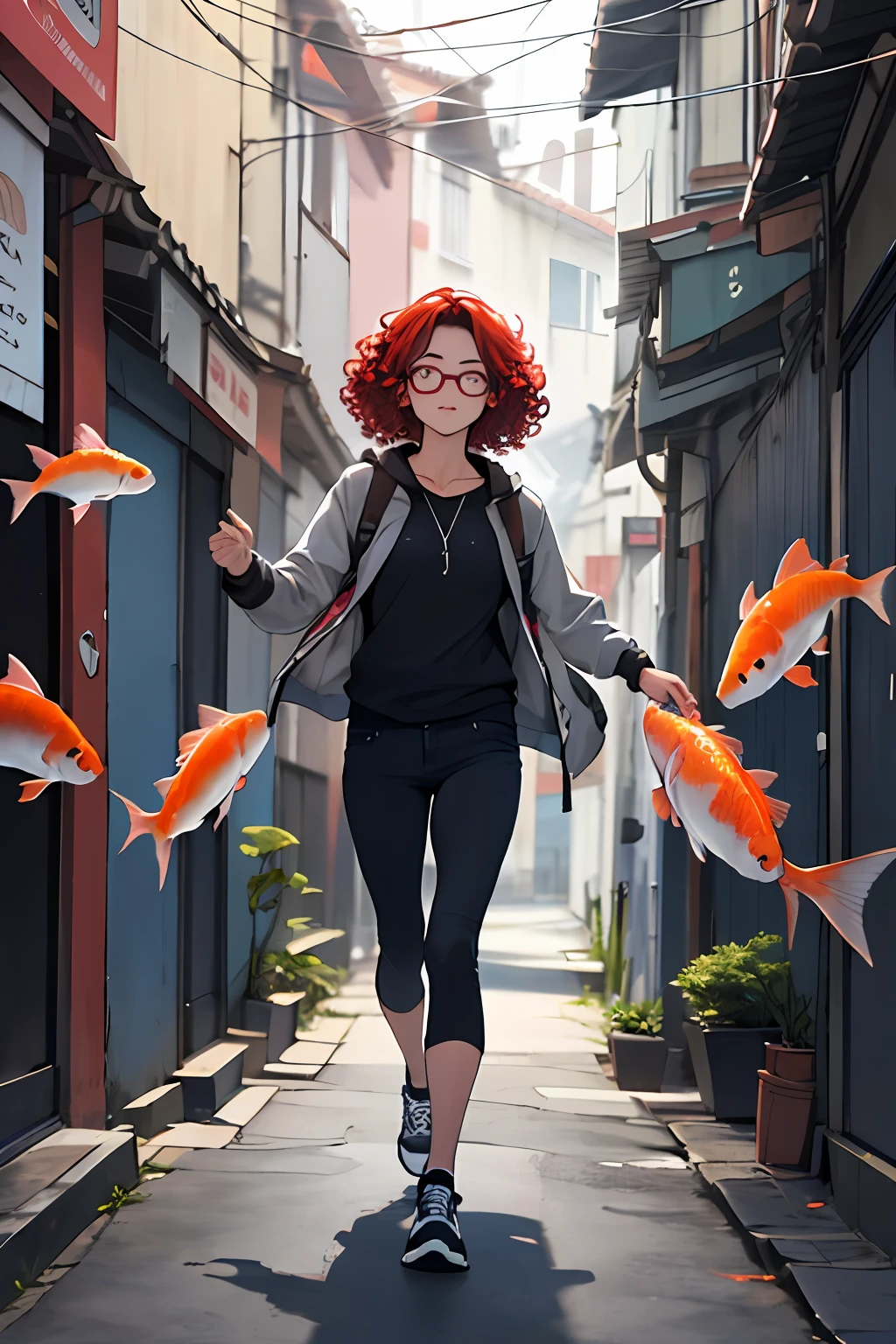 a girl with curly red hair, con lentes redondos caminando por una calle, con cientos de peces koi volando a su alrededor. imagen realista de cuerpo completo