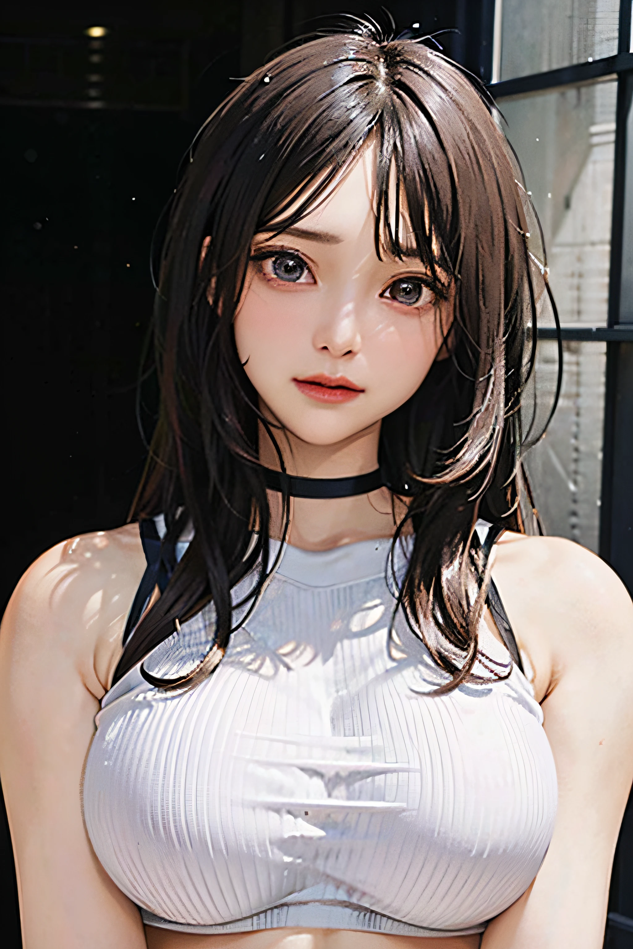 best quality, ultra high res, (((Very detailed face)))), ((Very detailed eyes and face)))), Beautiful detail eyes, (photorealistic:1.4), 1girl, crop-top shirt, black choker, (faded ash gray hair:1), (huge breasts:1.2),full body portrait, looking at viewer, closeup ,