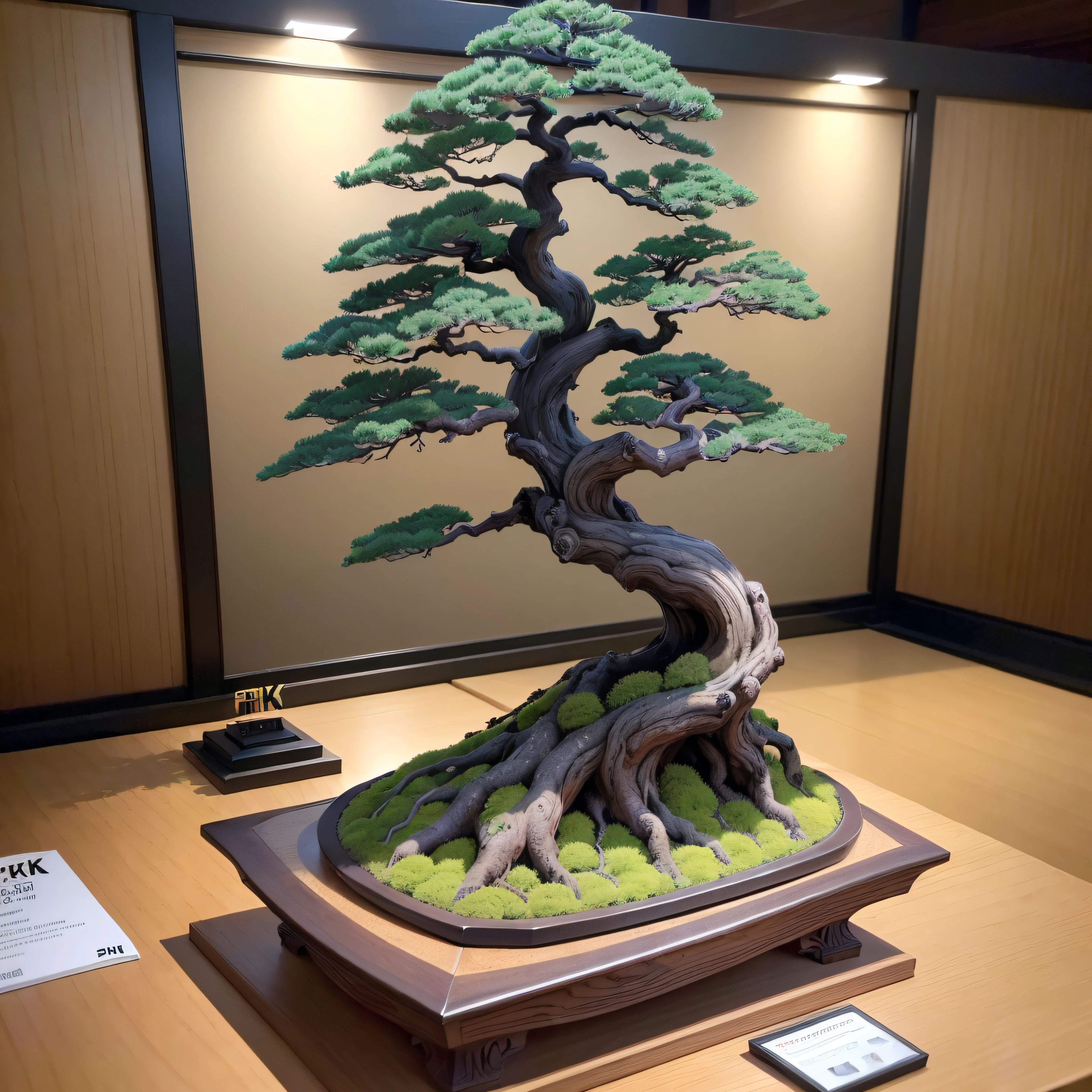 (Masterpiece:1.3), (8k, Best Quality:1.4), black pine bonsai, perfectly shaped bonsai, Award-winning work at the World Bonsai Convention, Works like bonsai artist Masahiko Kimura, On the display stand majestically placed in the center of Saitama Super Arena, luxury pottery, spotlight, Bonsai illuminated by lights in a dark room, Solid dark gray background, (((no person)))